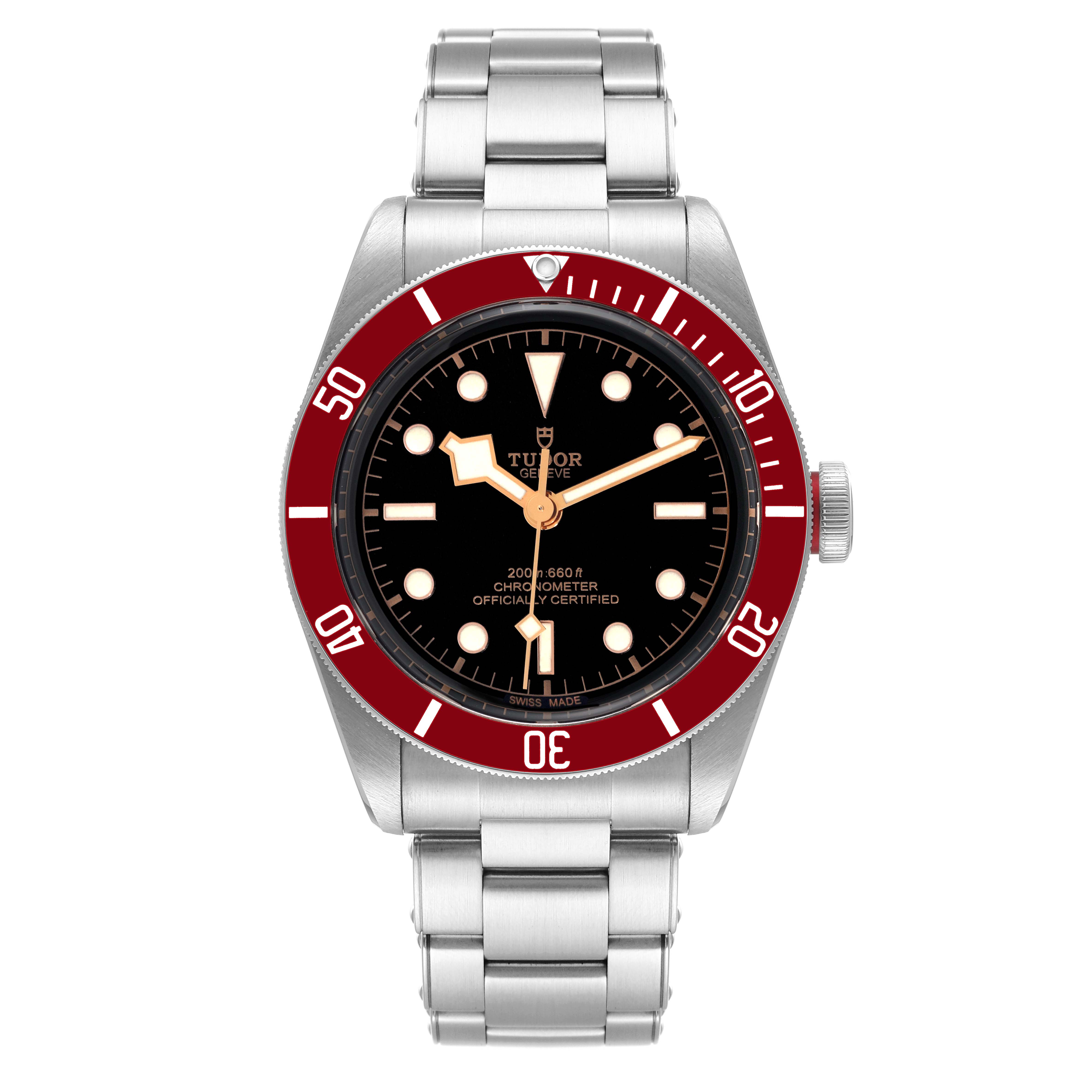 This is a front-facing image of the Tudor Heritage Black Bay 79230R Men's Stainless Steel Black Dial 79230R Men's Stainless Steel Black Dial watch, showcasing its dial, bezel, crown, and bracelet.