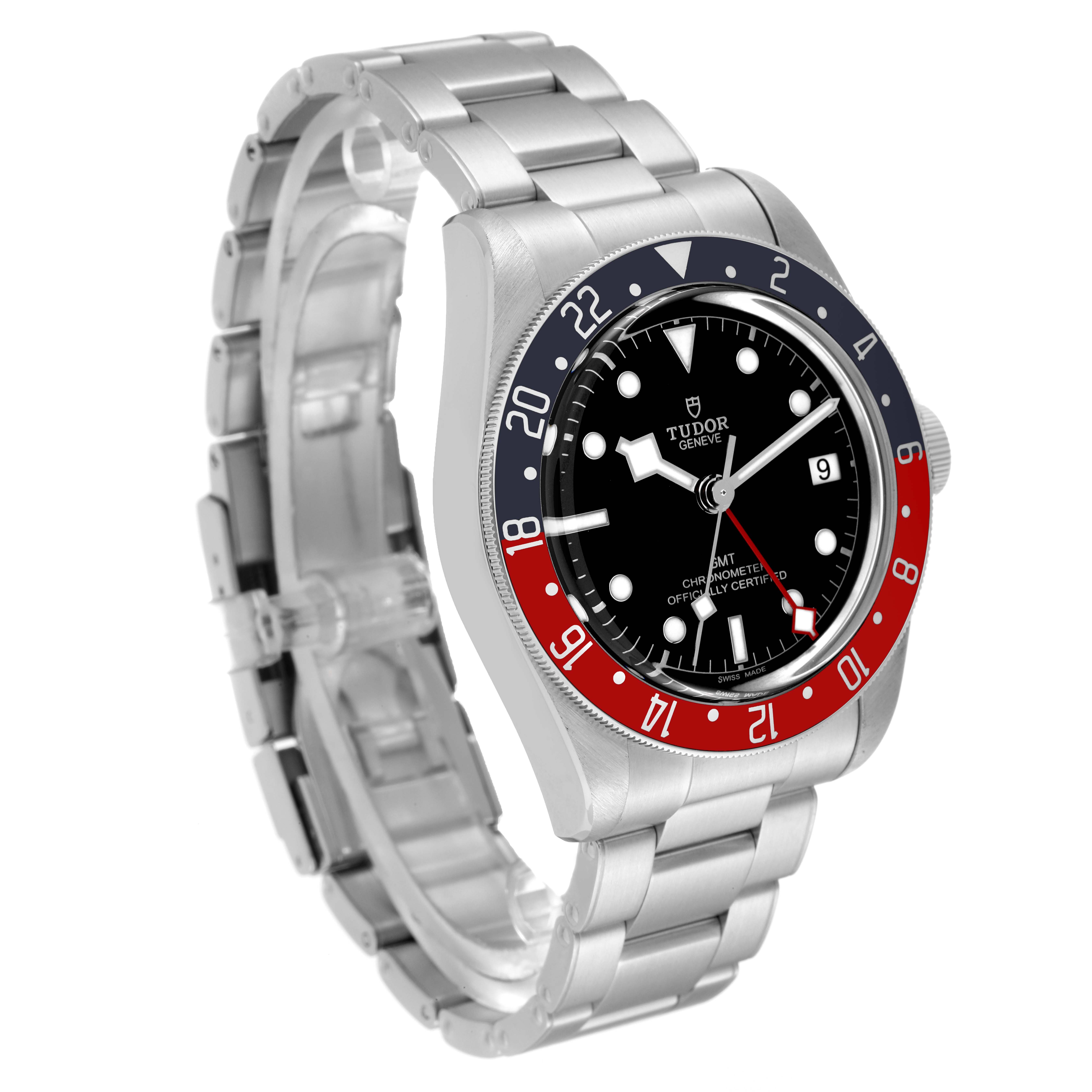 The image shows a Tudor Heritage Black Bay 79830RB Men
s Stainless Steel Black Dial 79830RB Men
s Stainless Steel Black Dial watch at a slight angle, highlighting its bezel, dial, bracelet, and partially visible crown.