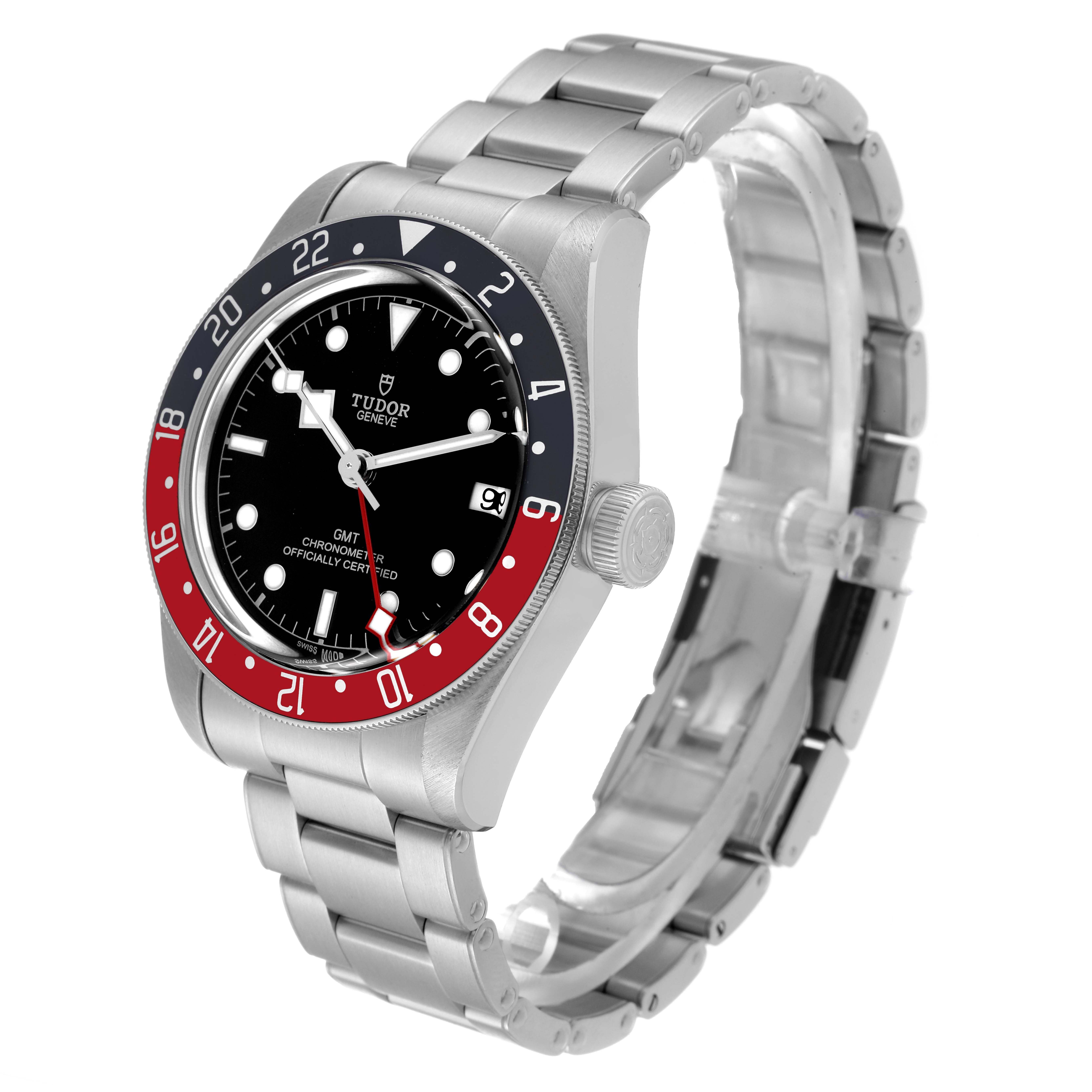 The image shows a Tudor Heritage Black Bay 79830RB Men
s Stainless Steel Black Dial 79830RB Men
s Stainless Steel Black Dial watch at a slight angle from the top-right, featuring the dial, bezel, and bracelet.