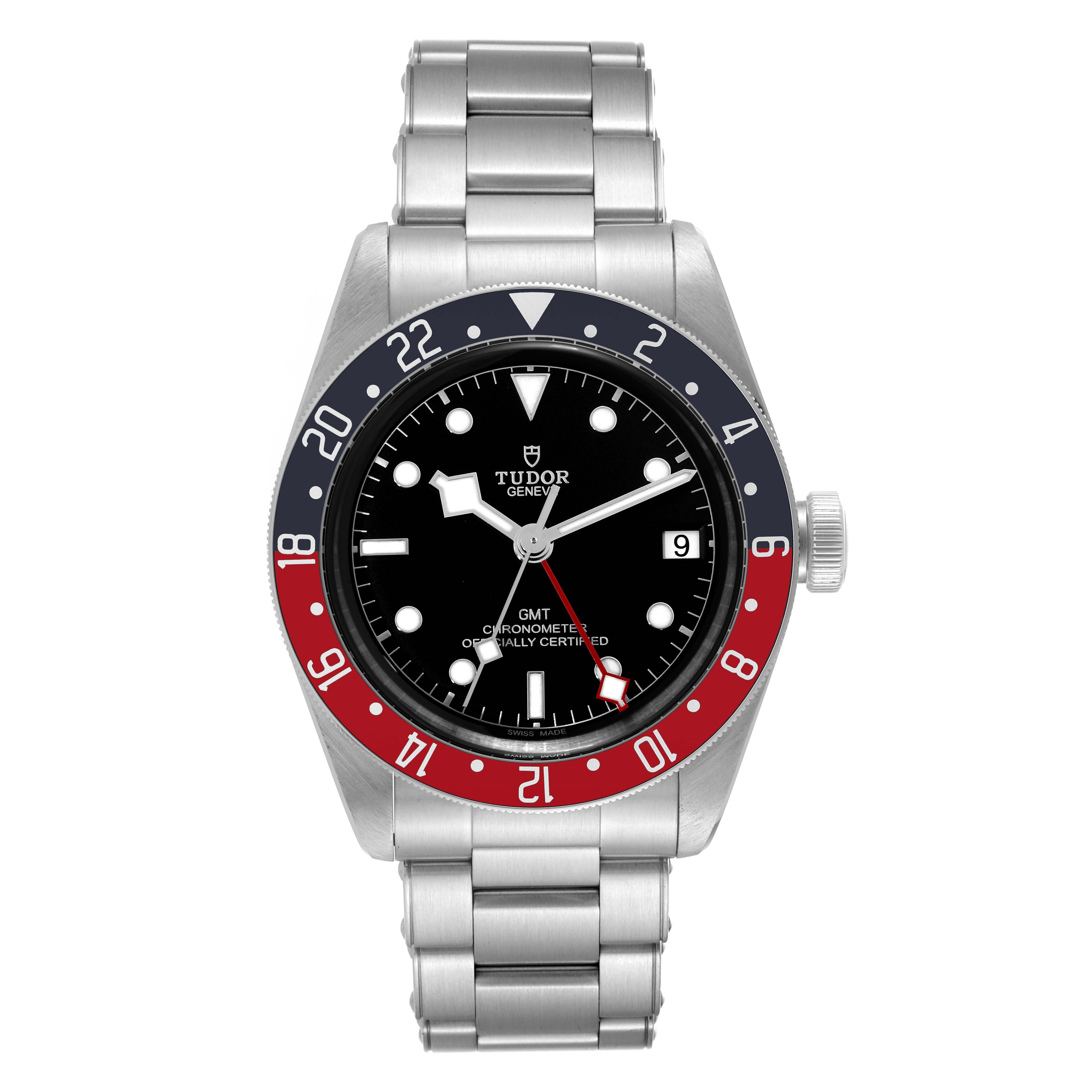 The image shows a front view of the Tudor Heritage Black Bay 79830RB Men
s Stainless Steel Black Dial 79830RB Men
s Stainless Steel Black Dial GMT watch featuring a red and blue bezel with a stainless steel bracelet.
