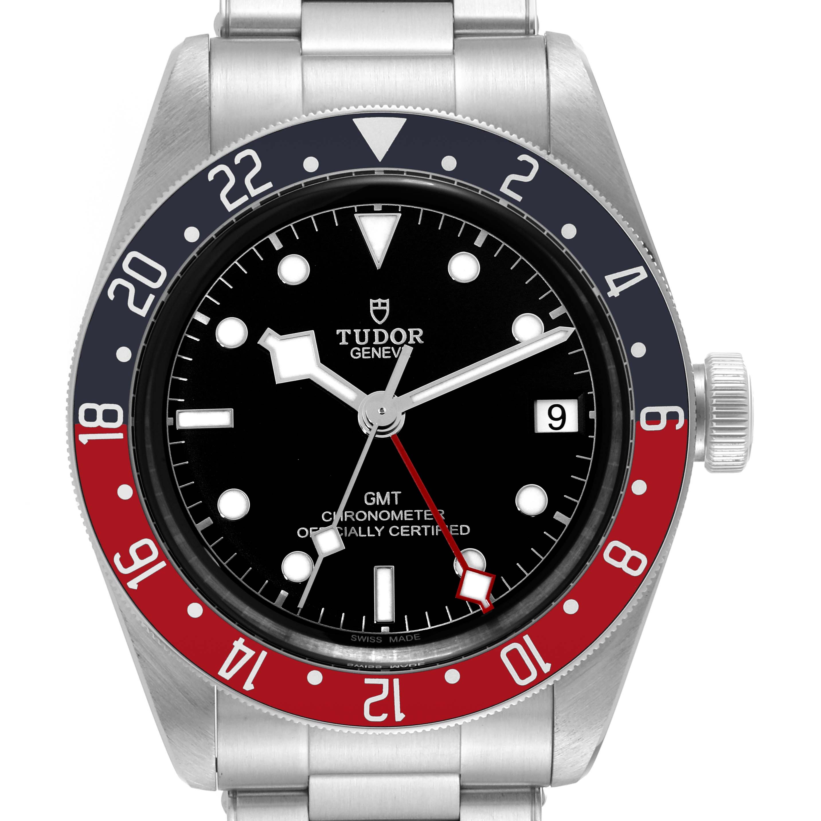 The Tudor Heritage Black Bay 79830RB Men
s Stainless Steel Black Dial 79830RB Men
s Stainless Steel Black Dial watch is shown from the front, displaying its dial, hands, bezel, and part of the bracelet.