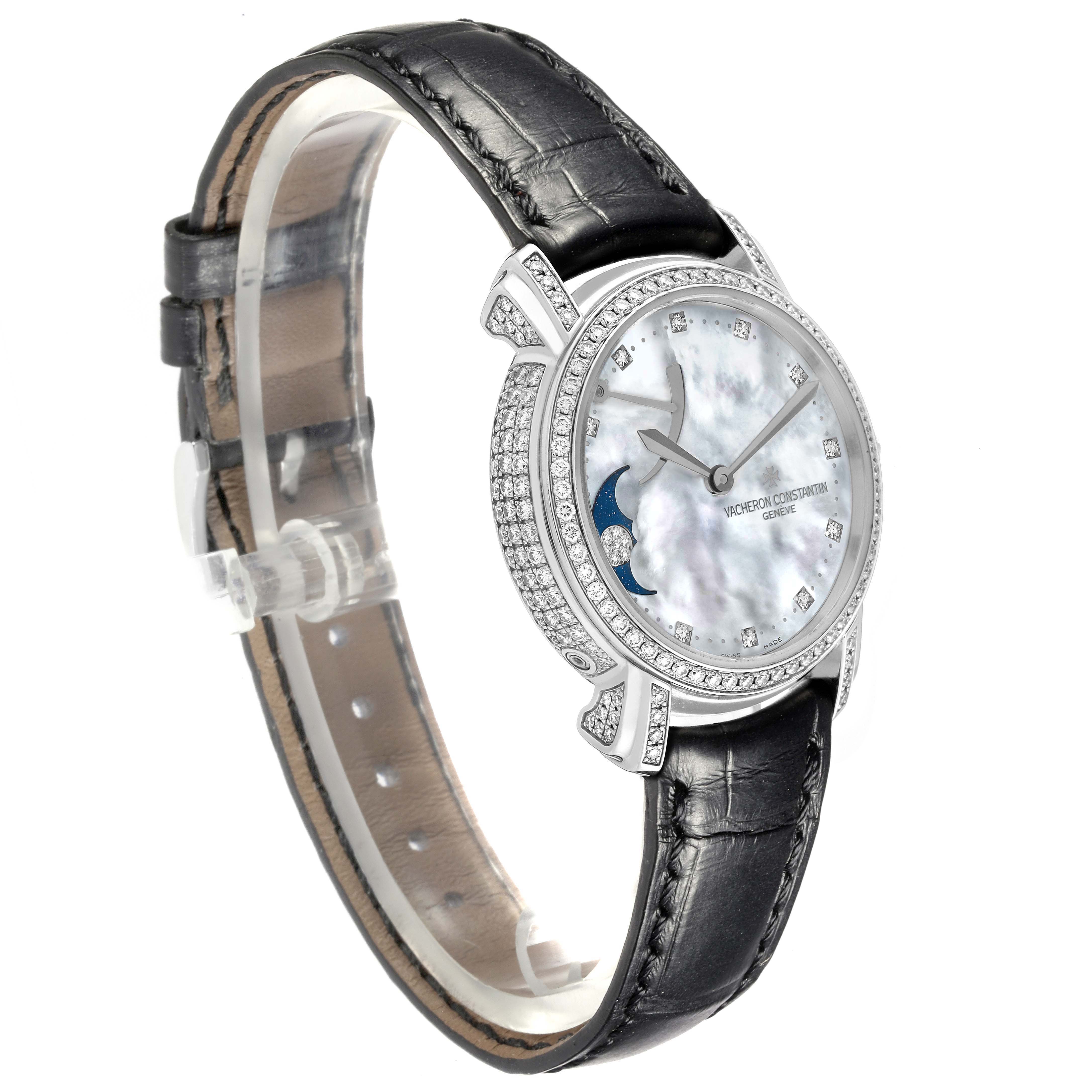 The Vacheron Constantin Malte 83505/000G Women's White Gold Mother of Pearl Dial 83505/000G Women's White Gold Mother of Pearl Dial watch is shown at an angled view highlighting the face, strap, and diamond-encrusted bezel.