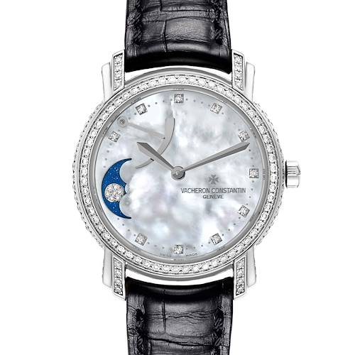 The Vacheron Constantin Malte watch is shown from the front, displaying the face, diamond-set bezel, and black leather strap.