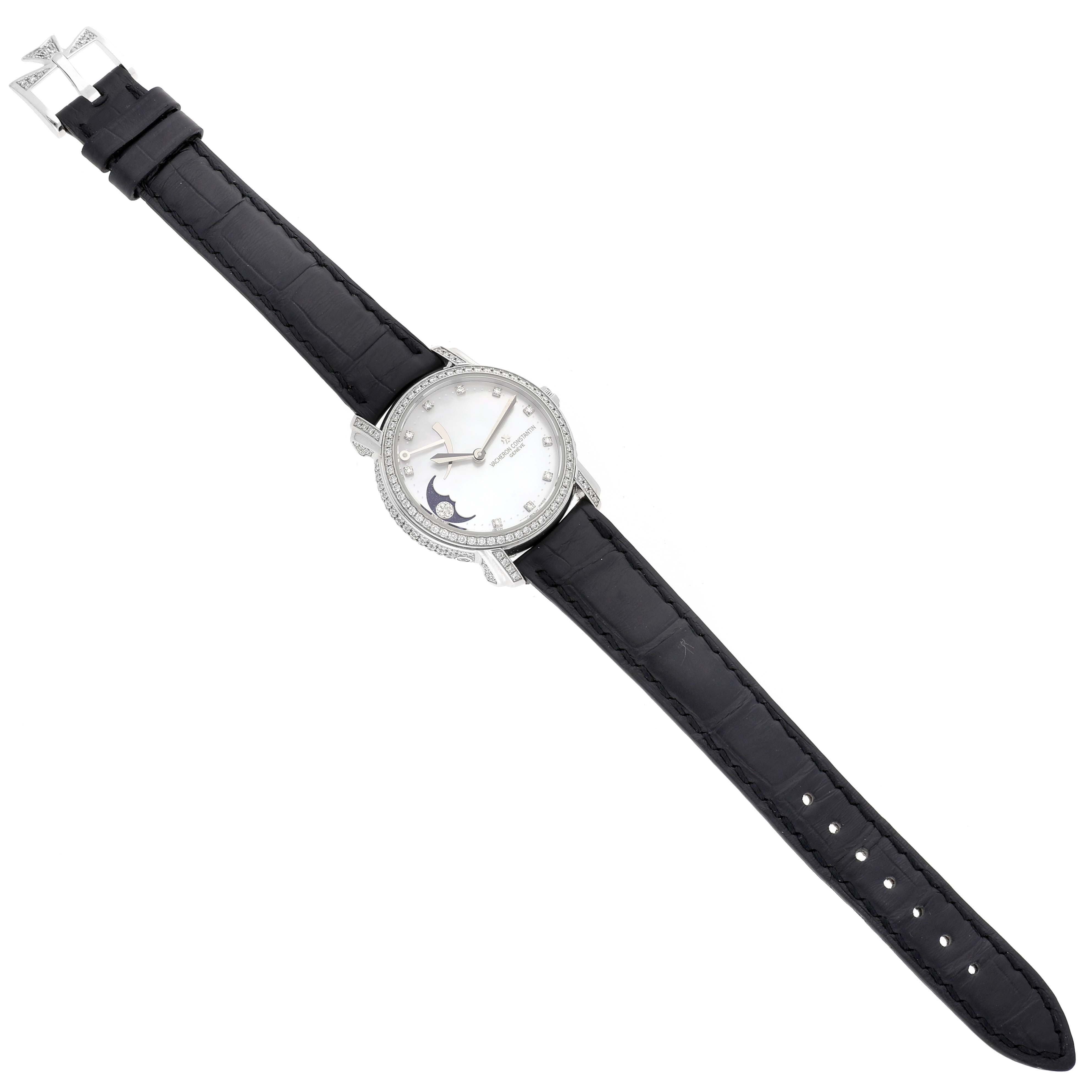 The Vacheron Constantin Malte 83505/000G Women's White Gold Mother of Pearl Dial 83505/000G Women's White Gold Mother of Pearl Dial watch is shown from a top view, displaying the face, strap, and clasp.