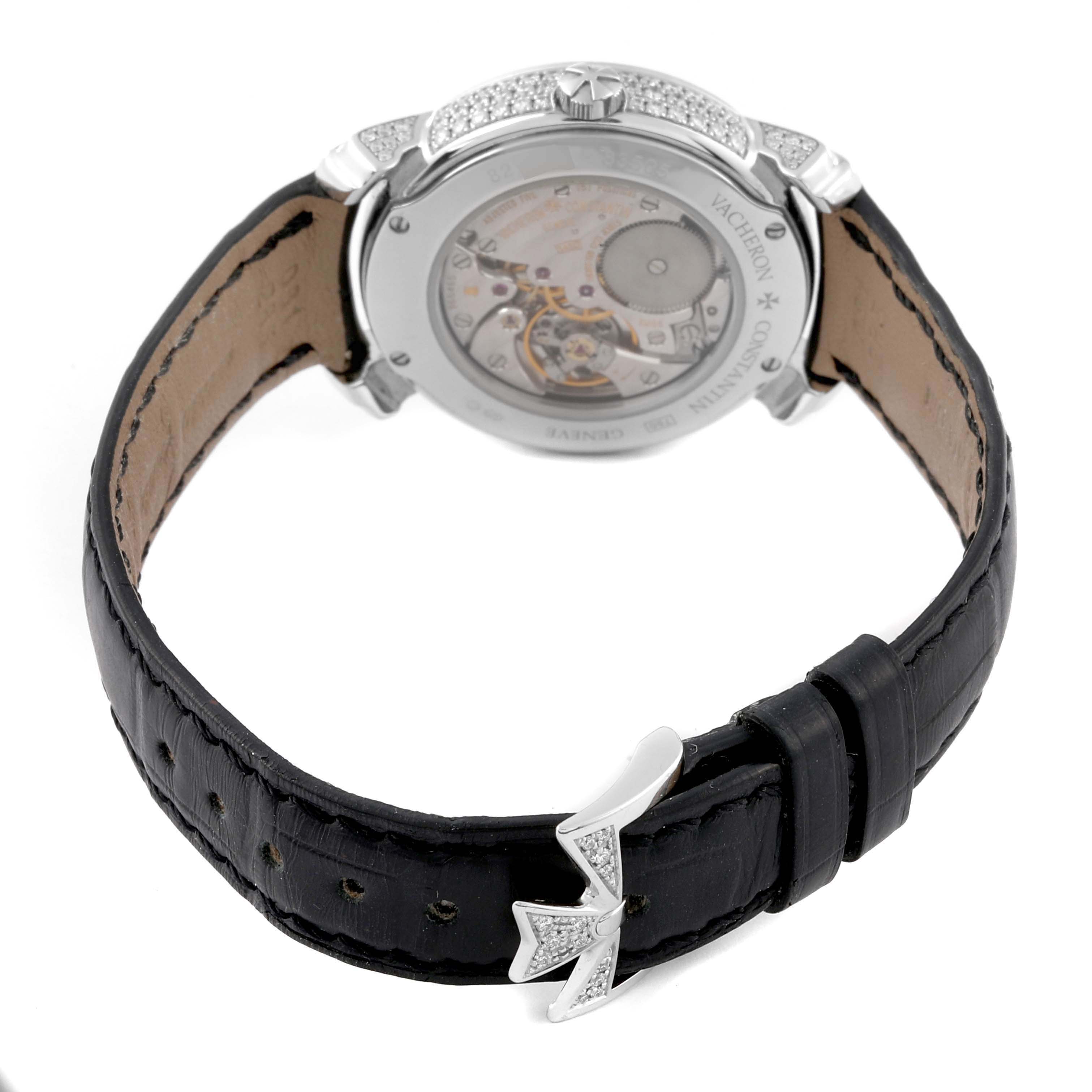 The image shows the back case and strap of the Vacheron Constantin Malte 83505/000G Women's White Gold Mother of Pearl Dial 83505/000G Women's White Gold Mother of Pearl Dial model at an angle displaying its movement.