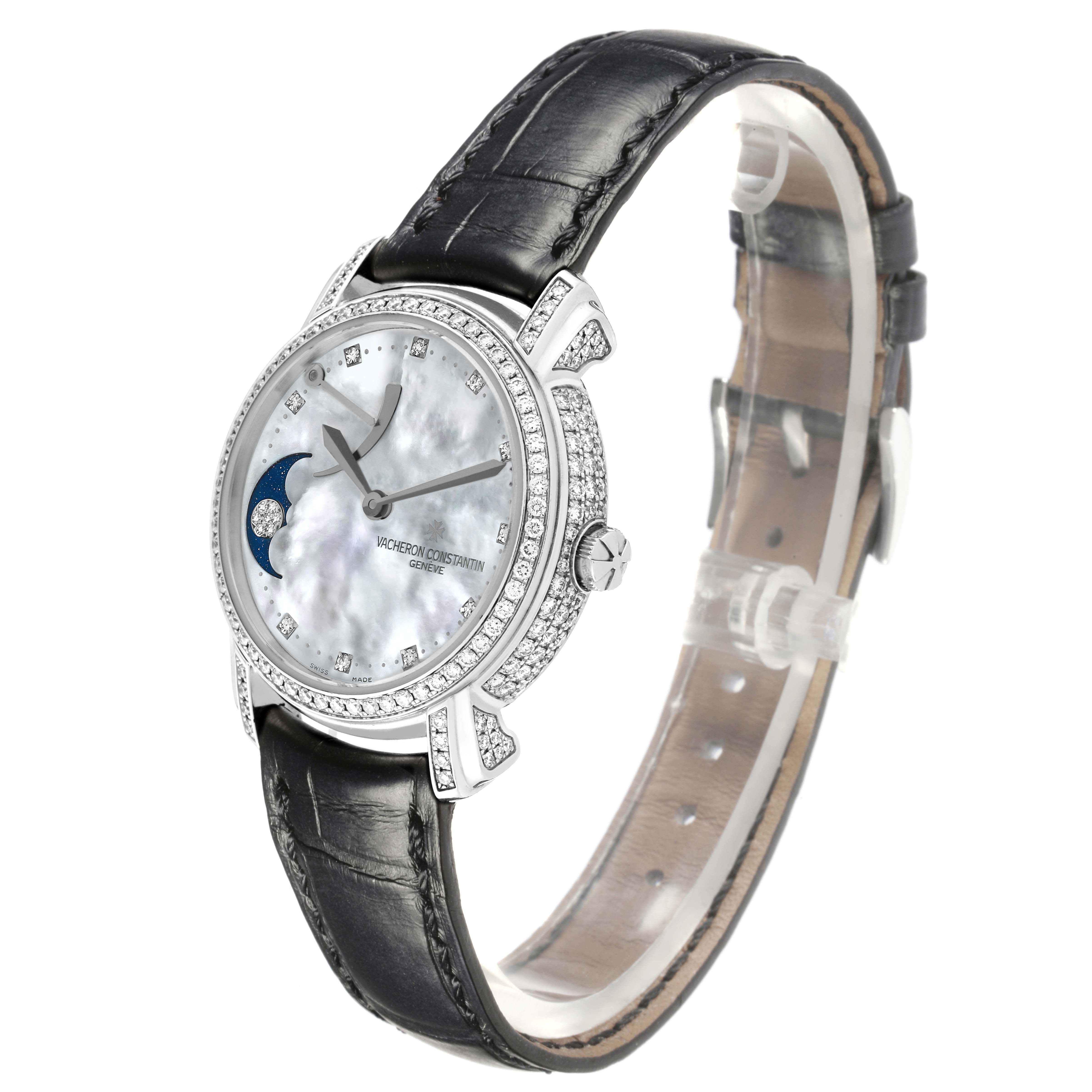 The Vacheron Constantin Malte 83505/000G Women's White Gold Mother of Pearl Dial 83505/000G Women's White Gold Mother of Pearl Dial watch is shown at a three-quarter angle, displaying the face, case, crown, and black leather strap.