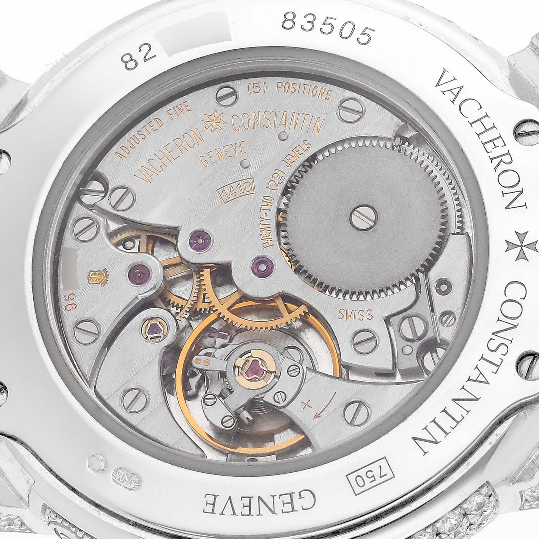 The image shows the back view of a Vacheron Constantin Malte 83505/000G Women's White Gold Mother of Pearl Dial 83505/000G Women's White Gold Mother of Pearl Dial watch, displaying its intricate mechanical movement.