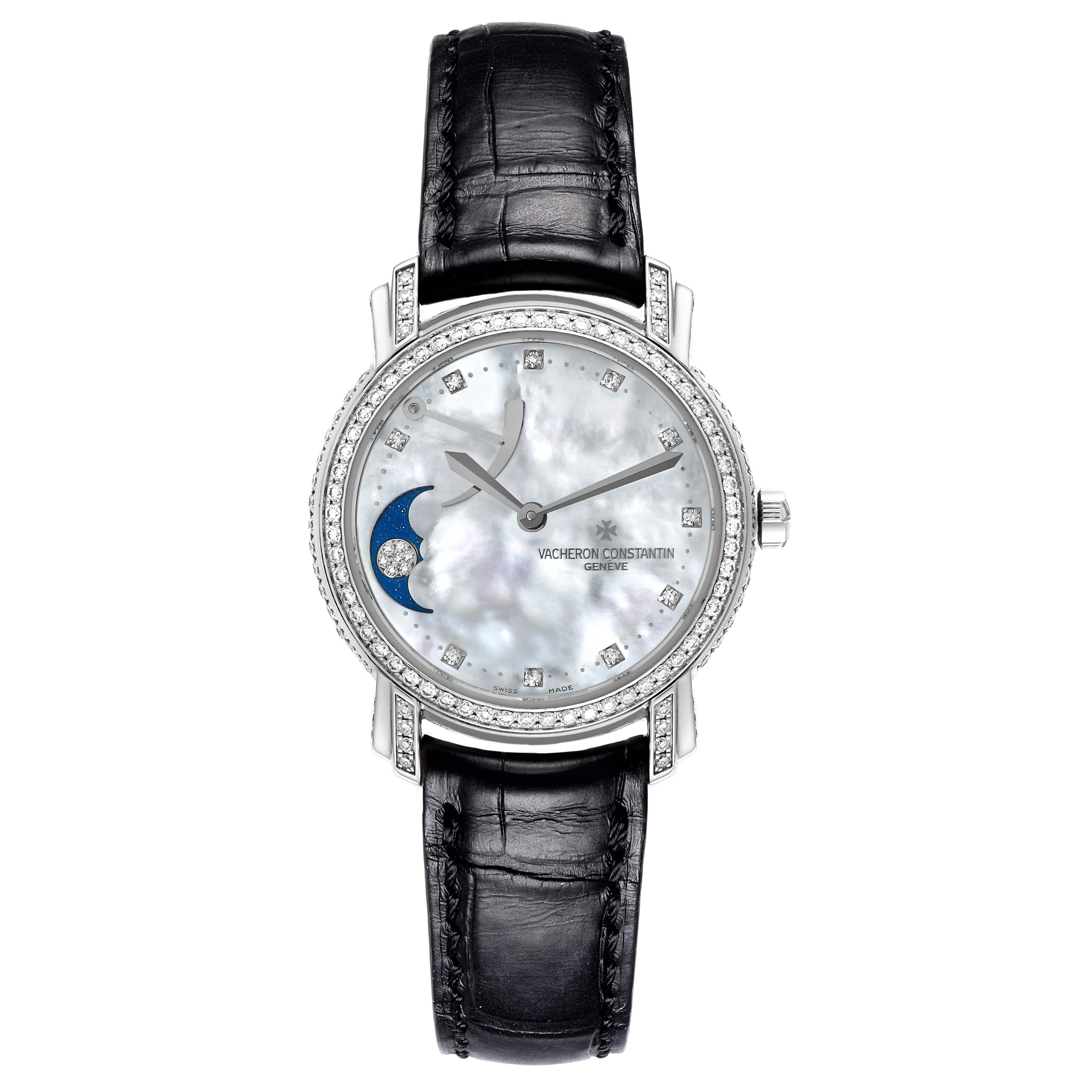 The Vacheron Constantin Malte 83505/000G Women's White Gold Mother of Pearl Dial 83505/000G Women's White Gold Mother of Pearl Dial watch is shown from a front angle, highlighting its face, bezel, and black strap.