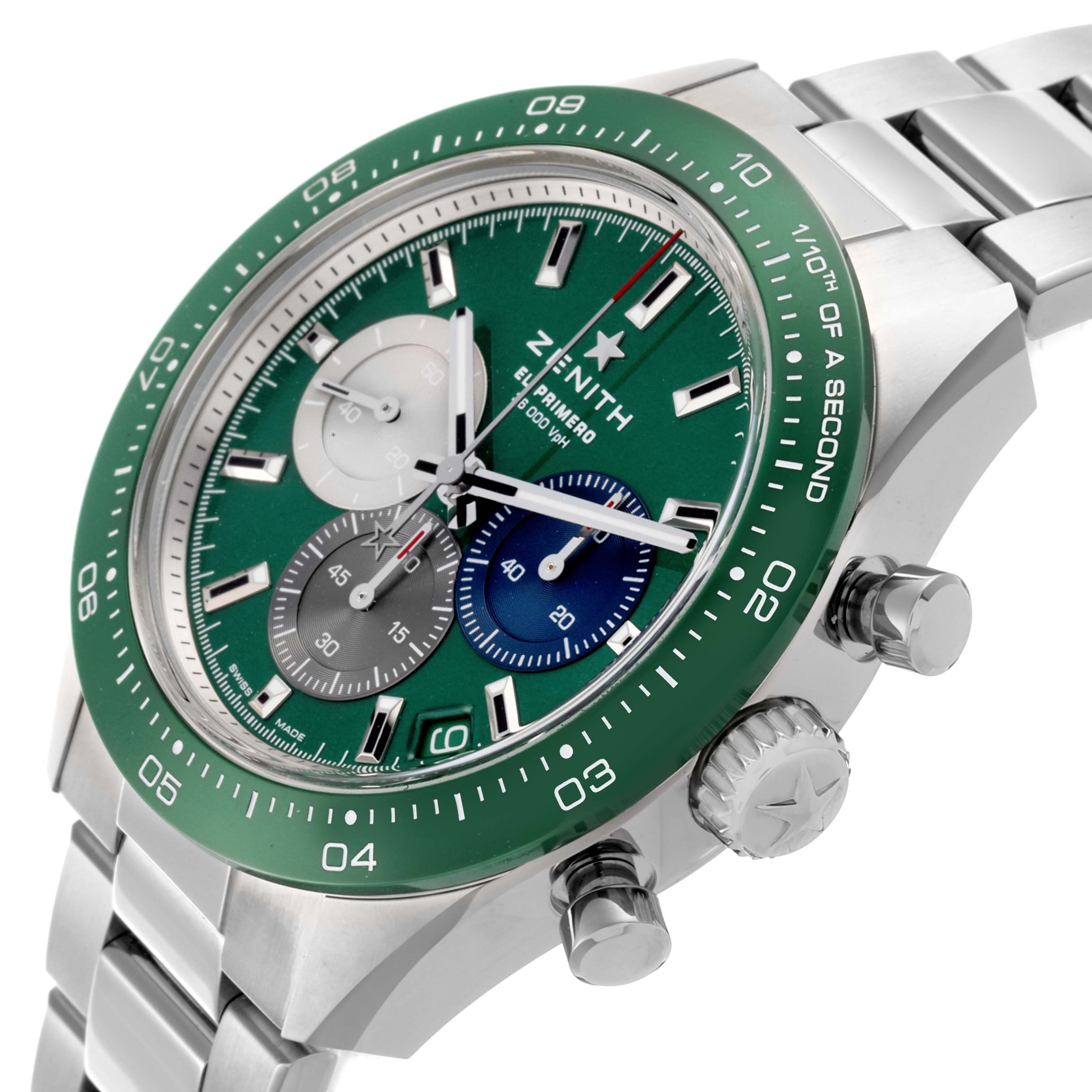The Zenith Chronomaster 03.3119.3600/56.M3100 Men
s Stainless Steel Green Dial 03.3119.3600/56.M3100 Men
s Stainless Steel Green Dial watch is shown at an angle highlighting the green dial, sub-dials, side buttons, and stainless steel bracelet.
