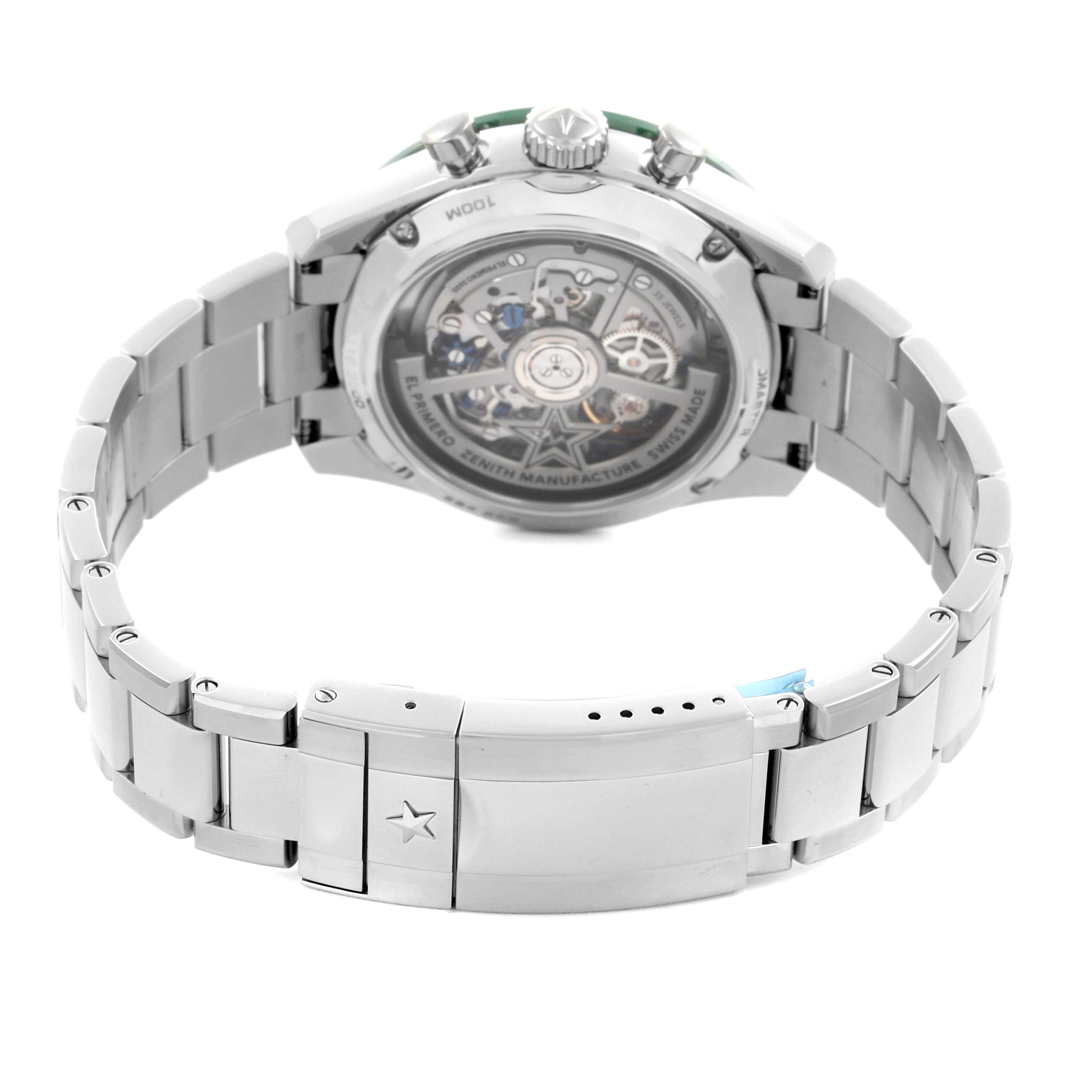 The Zenith Chronomaster 03.3119.3600/56.M3100 Men
s Stainless Steel Green Dial 03.3119.3600/56.M3100 Men
s Stainless Steel Green Dial watch is shown from the back, highlighting its open case back and metal bracelet.