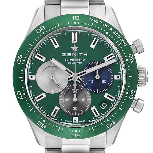 The Zenith Chronomaster watch is shown from the front, featuring its green bezel and chronograph subdials.