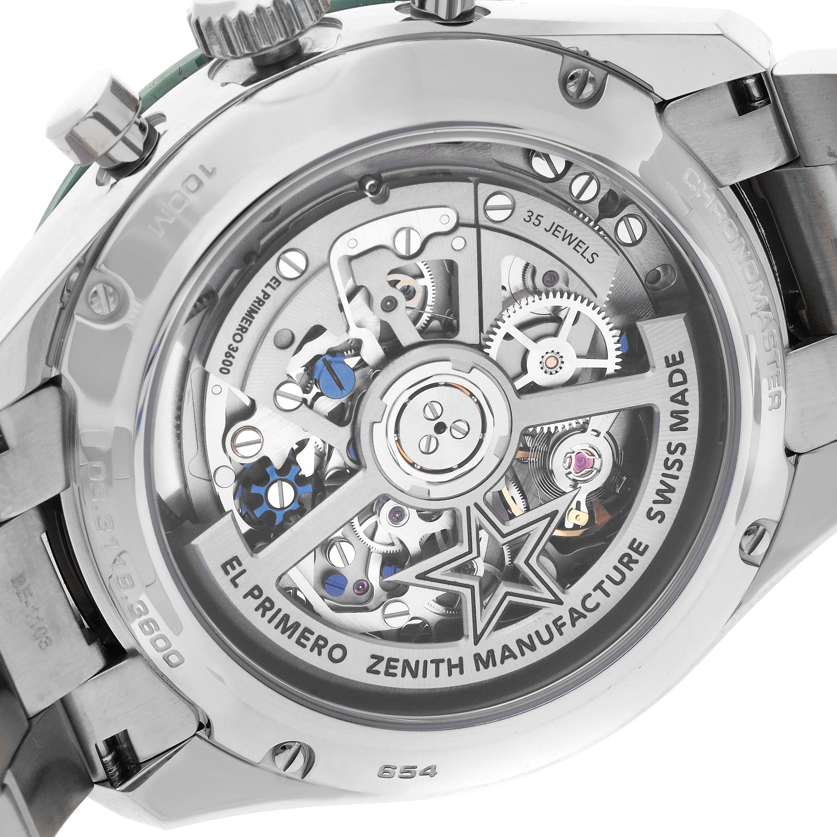 The image shows the back of the Zenith Chronomaster 03.3119.3600/56.M3100 Men
s Stainless Steel Green Dial 03.3119.3600/56.M3100 Men
s Stainless Steel Green Dial, highlighting its intricate movement and branding details.