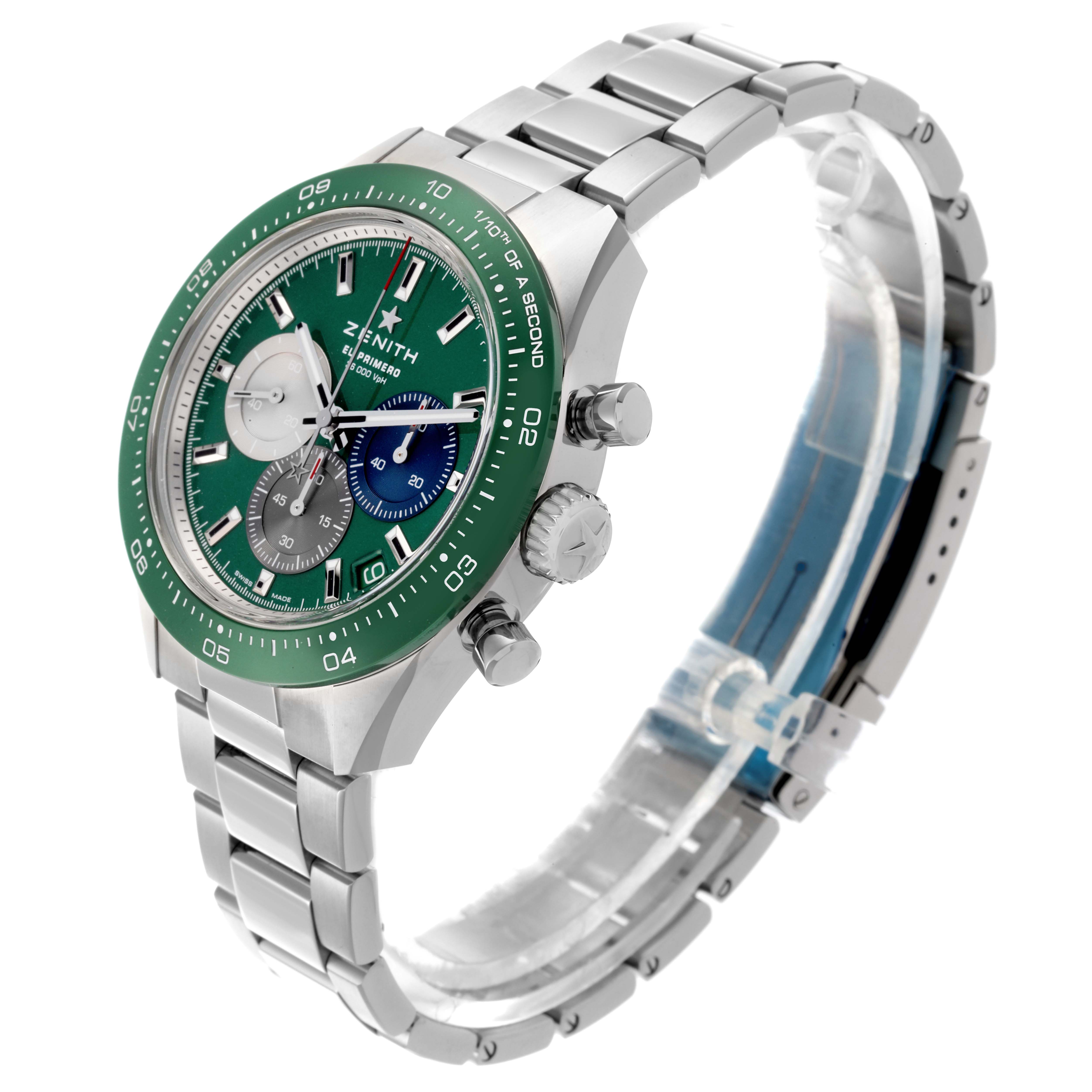 The Zenith Chronomaster 03.3119.3600/56.M3100 Men
s Stainless Steel Green Dial 03.3119.3600/56.M3100 Men
s Stainless Steel Green Dial watch is shown at a three-quarter angle, highlighting the dial, bezel, bracelet, and side buttons.