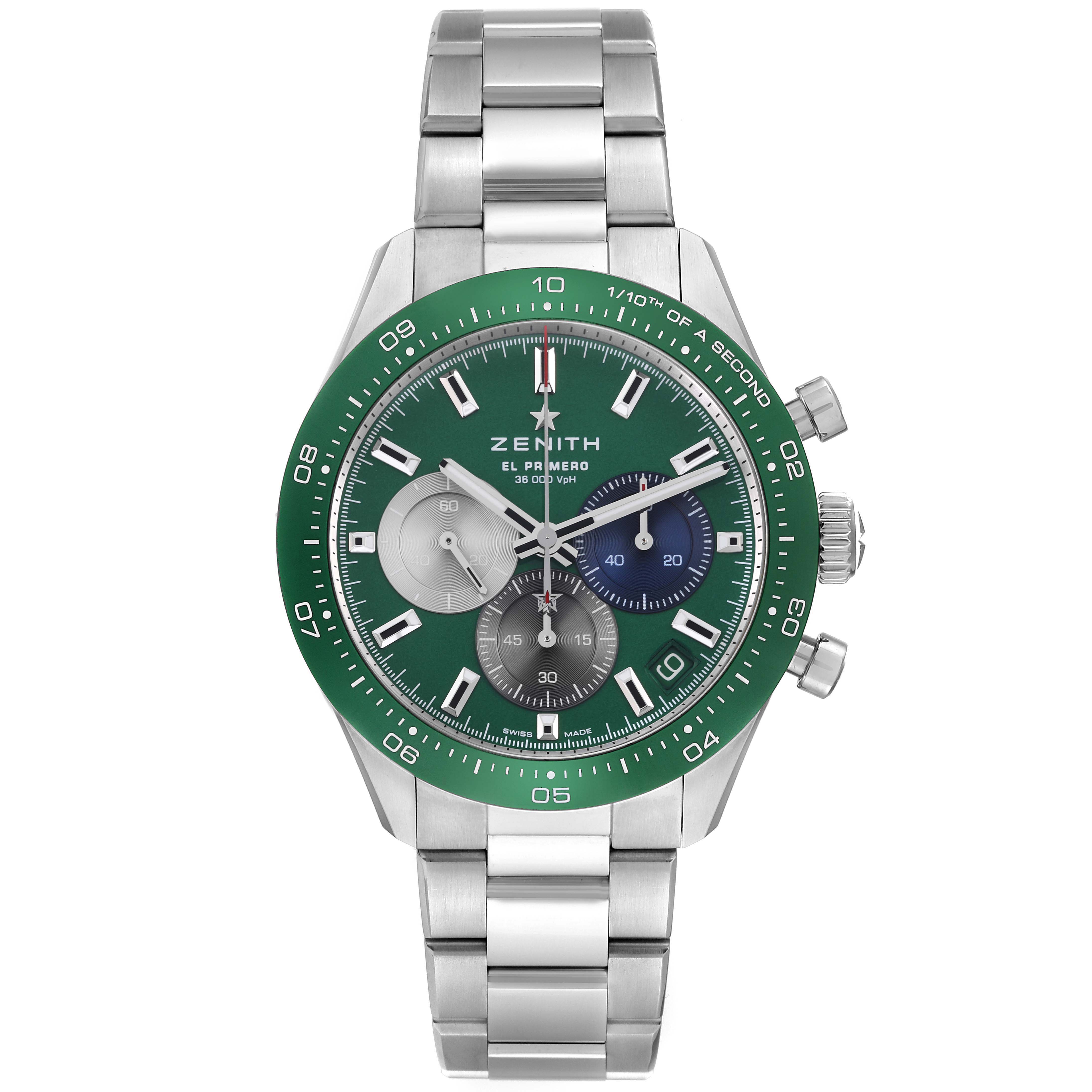 The Zenith Chronomaster 03.3119.3600/56.M3100 Men
s Stainless Steel Green Dial 03.3119.3600/56.M3100 Men
s Stainless Steel Green Dial watch is shown from the front, highlighting the green dial, subdials, bezel, and stainless steel bracelet.