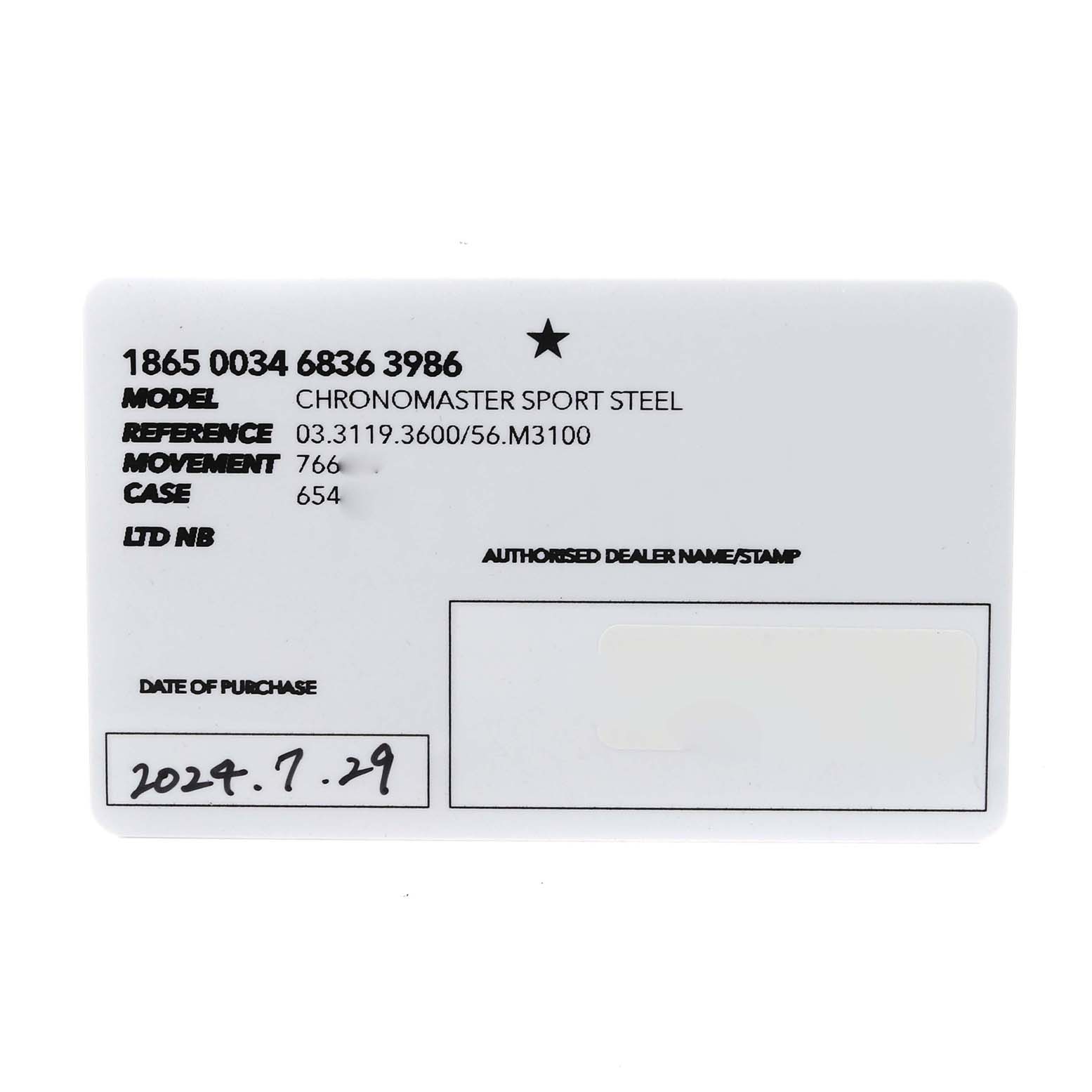 The image shows a warranty card for the Zenith Chronomaster 03.3119.3600/56.M3100 Men
s Stainless Steel Green Dial 03.3119.3600/56.M3100 Men
s Stainless Steel Green Dial Sport Steel watch, detailing model and purchase information.