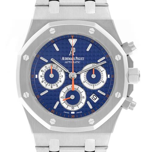 The Audemars Piguet Royal Oak watch is shown from the front, highlighting its blue dial, subdials, and signature octagonal bezel.