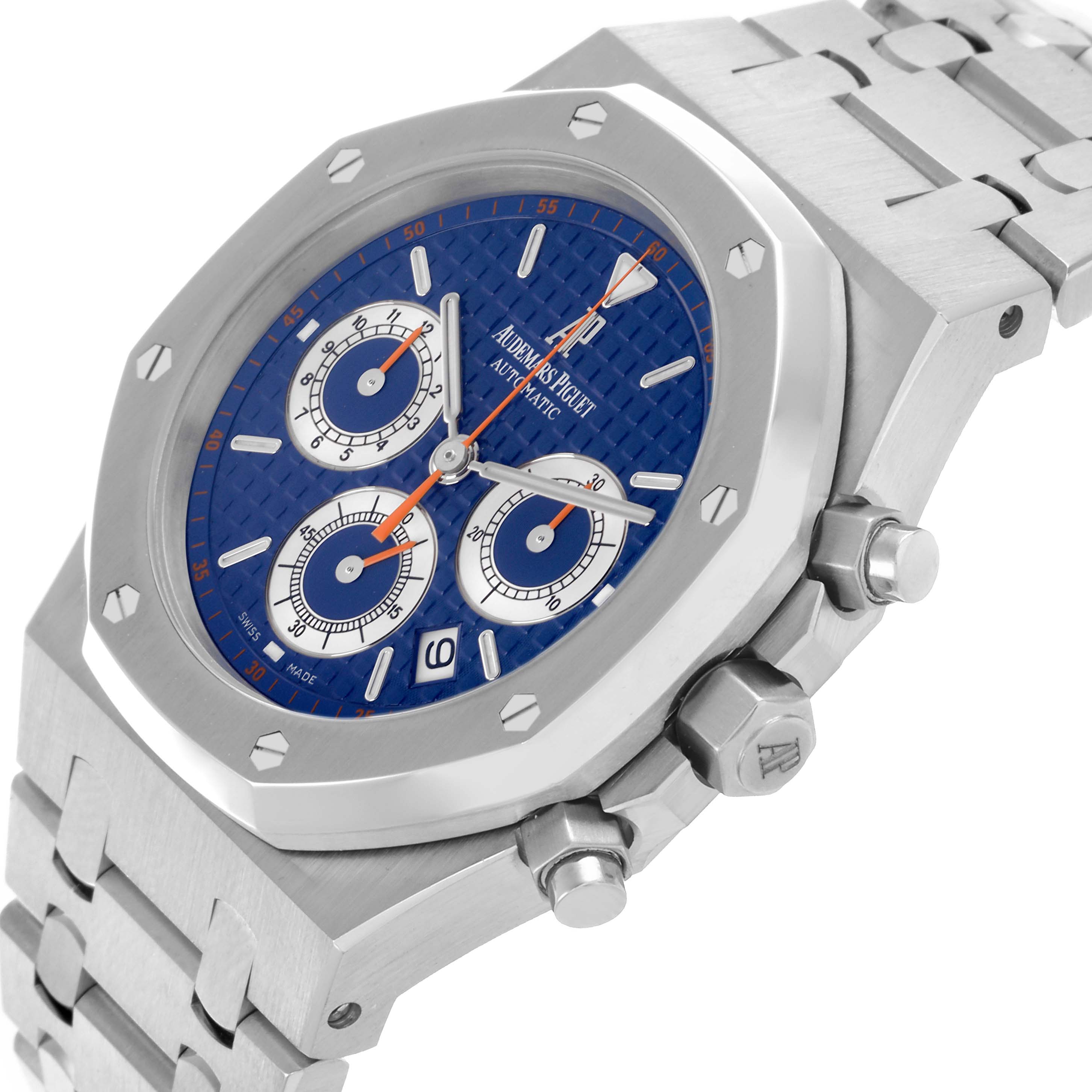 The image shows a side view of the Royal Oak by Audemars Piguet, highlighting the bezel, dial, pushers, and bracelet.