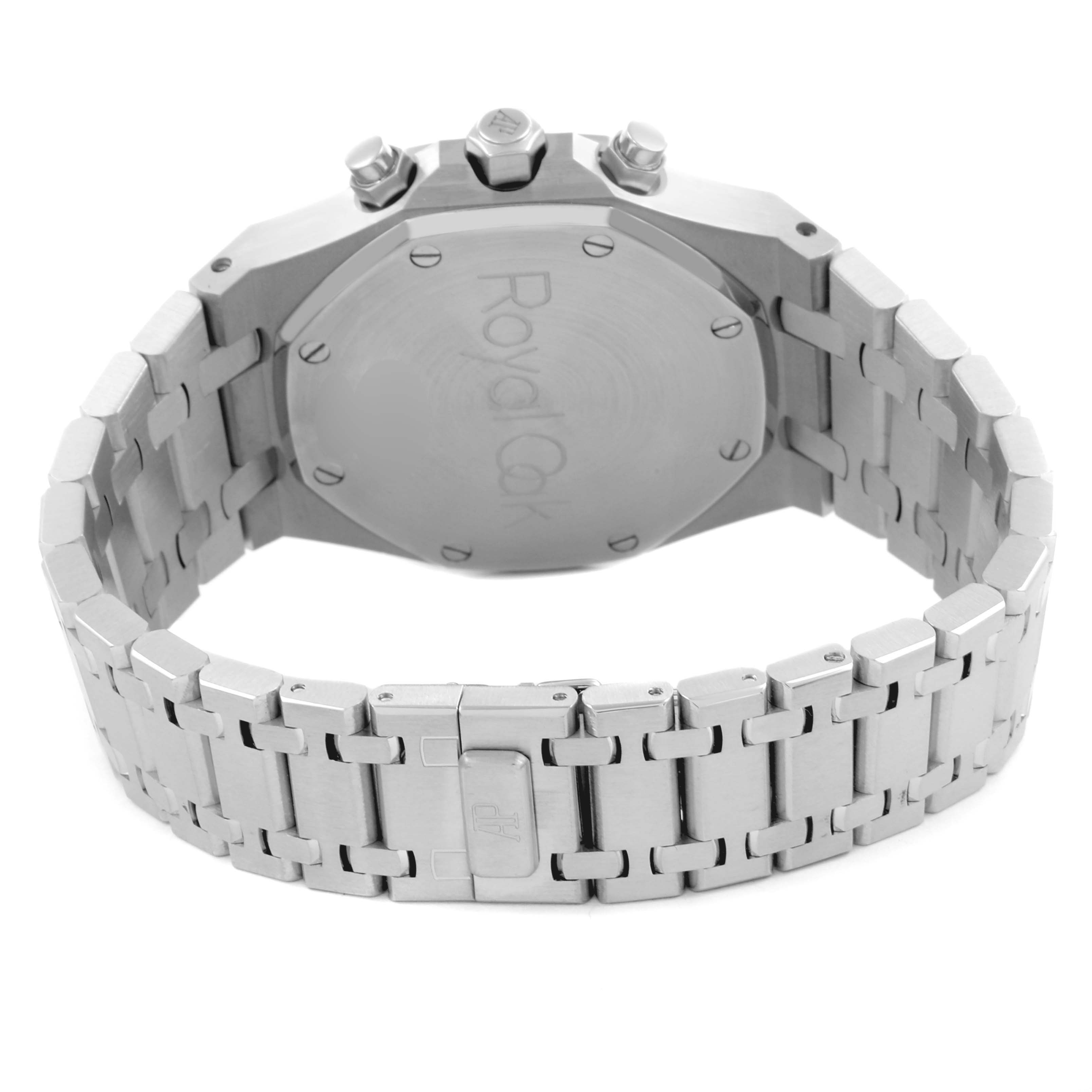 The image shows the back and bracelet of an Audemars Piguet Royal Oak 26300ST.OO.1110ST.07 Men's Stainless Steel Blue Dial 26300ST.OO.1110ST.07 Men's Stainless Steel Blue Dial watch, highlighting the clasp and case back.