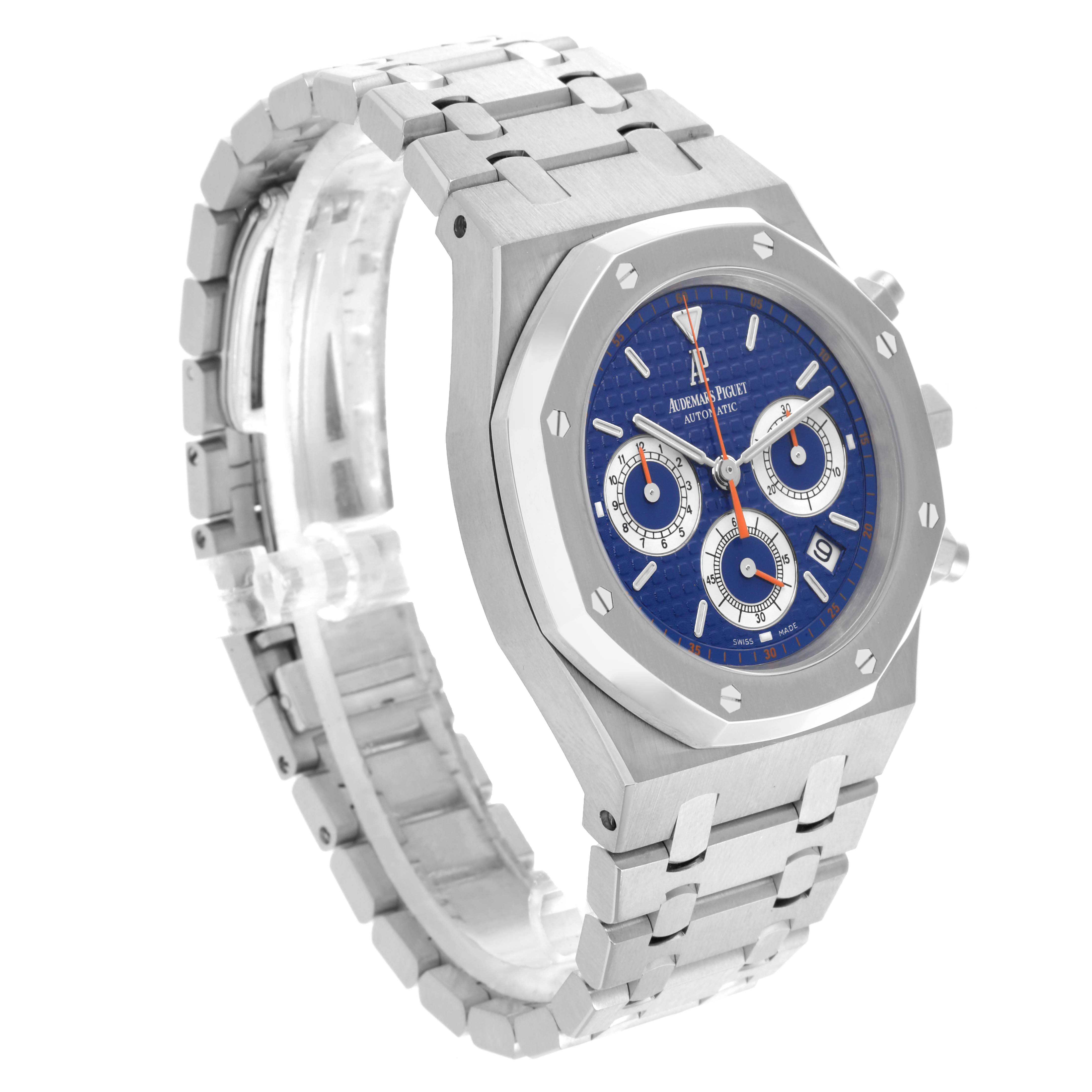 The Audemars Piguet Royal Oak 26300ST.OO.1110ST.07 Men's Stainless Steel Blue Dial 26300ST.OO.1110ST.07 Men's Stainless Steel Blue Dial watch is shown at a slight angle, displaying the face, bezel, and part of the bracelet.