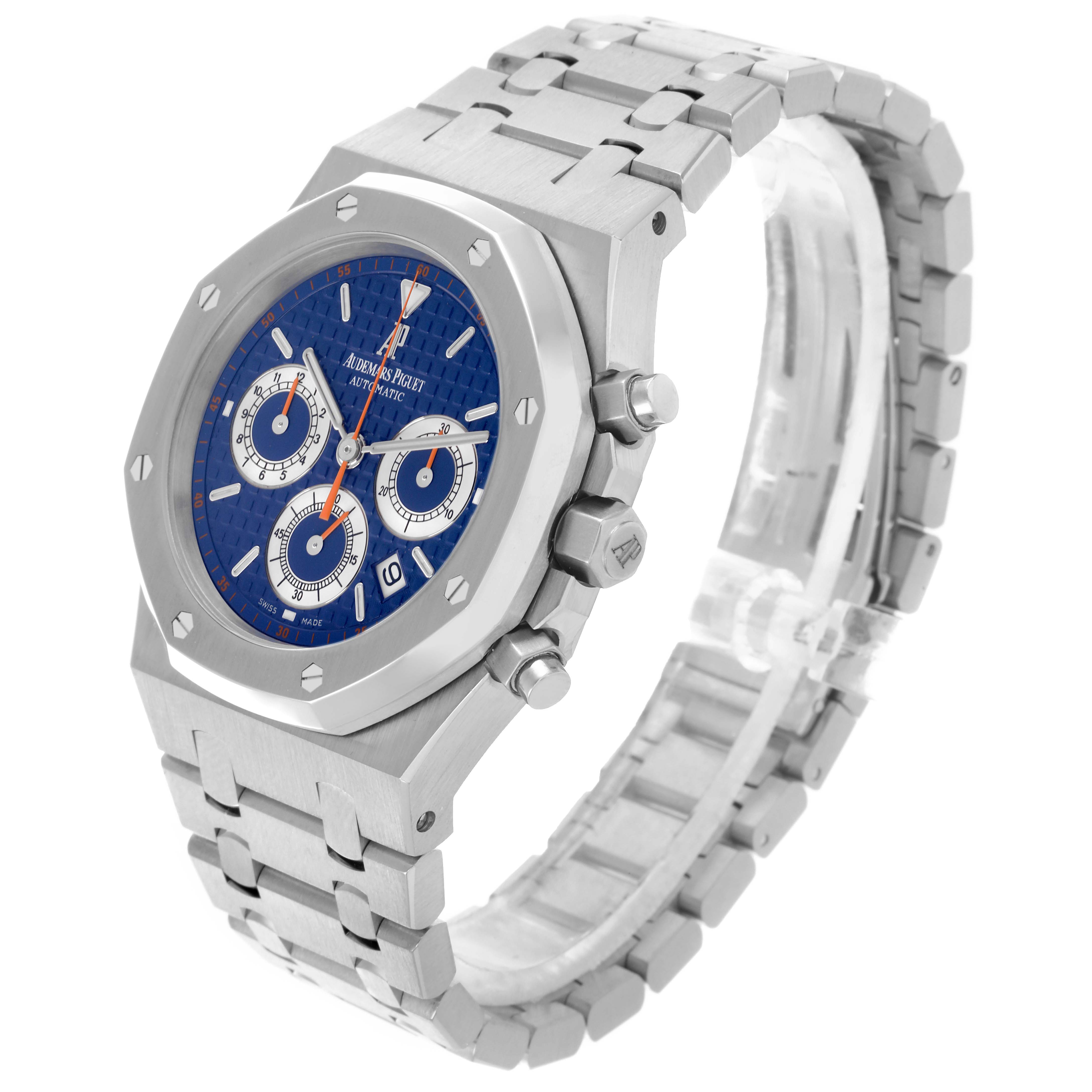 The Royal Oak by Audemars Piguet is shown at a slight angle, displaying the face, bezel, crown, pushers, and bracelet.