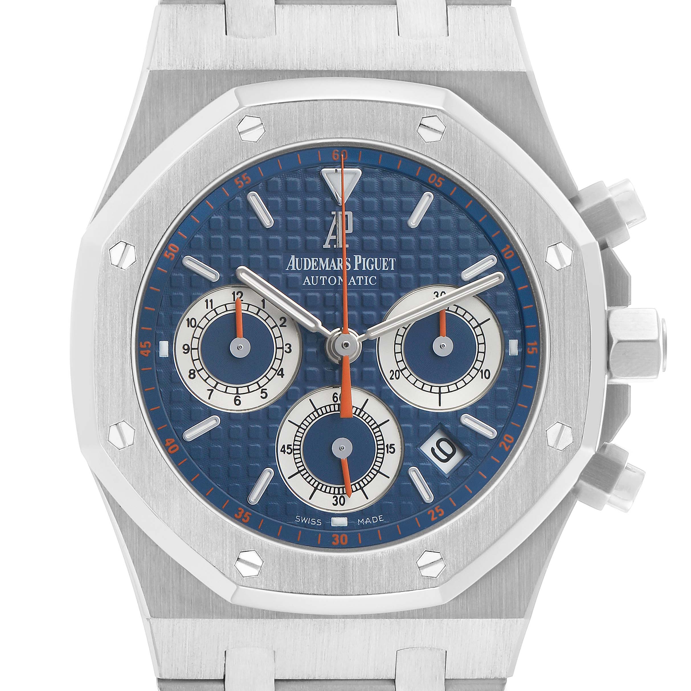 The Audemars Piguet Royal Oak 26300ST.OO.1110ST.07 Men's Stainless Steel Blue Dial watch is shown from the front, displaying its face, chronograph dials, and part of the bracelet.