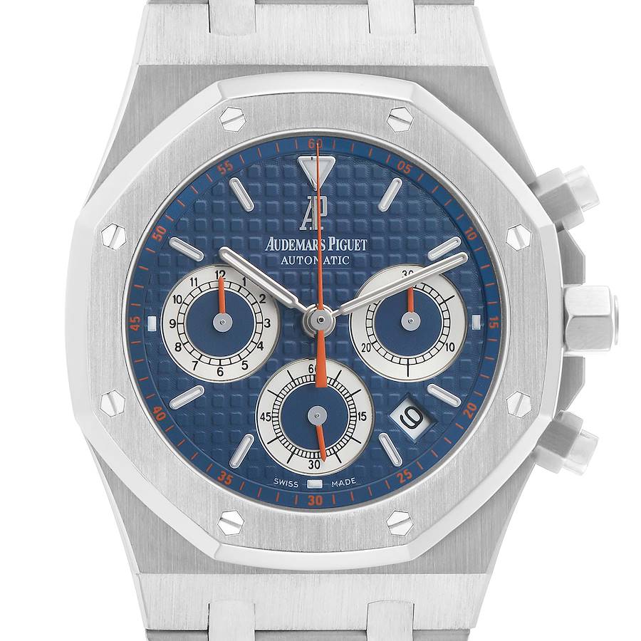 The Audemars Piguet Royal Oak 26300ST.OO.1110ST.07 Men's Stainless Steel Blue Dial watch is shown from the front, displaying its face, chronograph dials, and part of the bracelet.