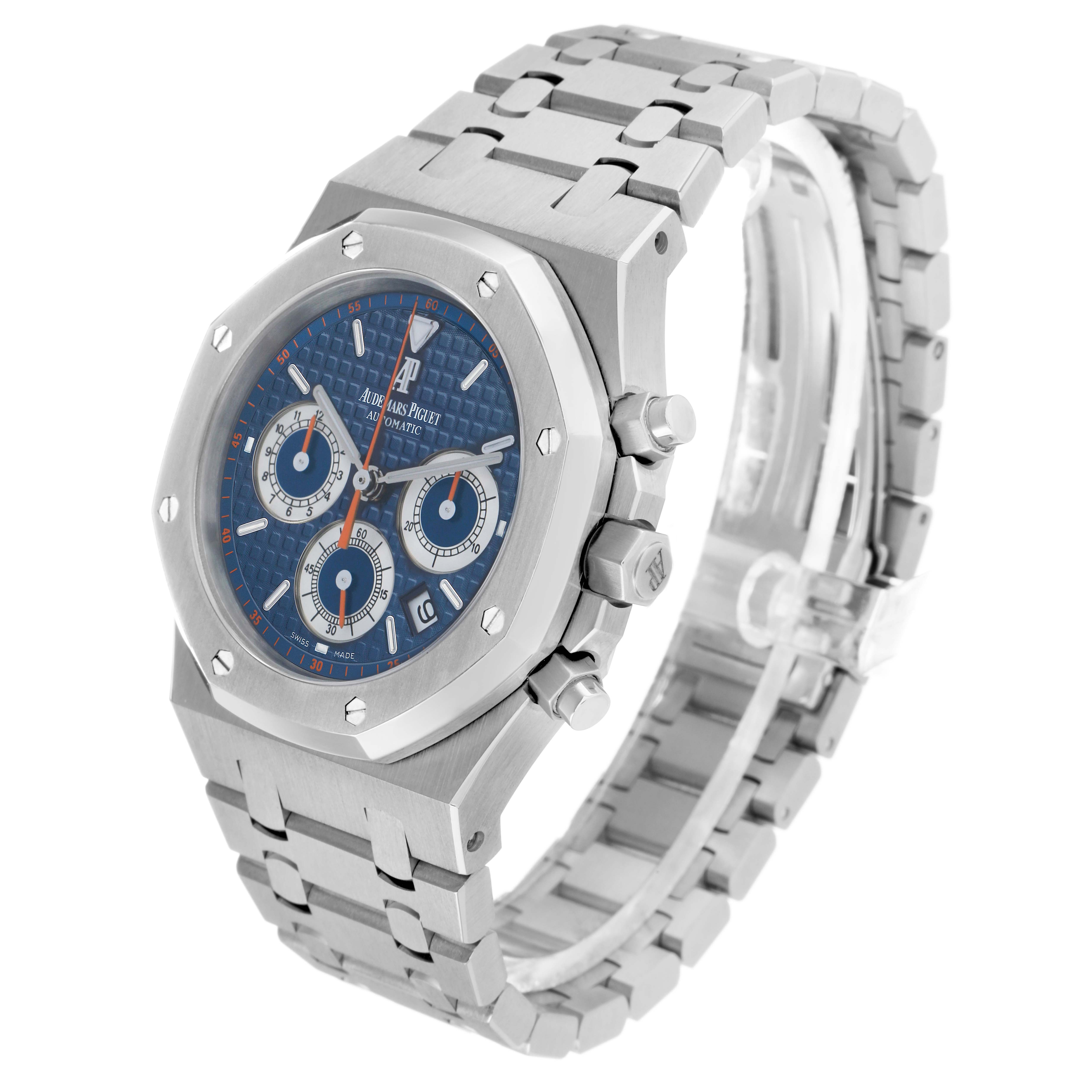 The Audemars Piguet Royal Oak 26300ST.OO.1110ST.07 Men's Stainless Steel Blue Dial watch is shown at a three-quarter angle, highlighting the face, bezel, and stainless steel bracelet.