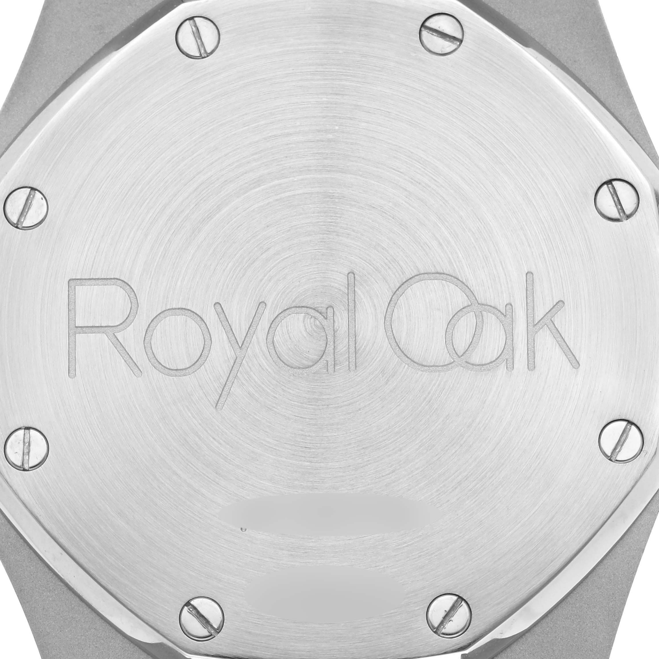 The image shows the back case of the Audemars Piguet Royal Oak 26300ST.OO.1110ST.07 Men's Stainless Steel Blue Dial 26300ST.OO.1110ST.07 Men's Stainless Steel Blue Dial, displaying the "Royal Oak" engraving and screws.