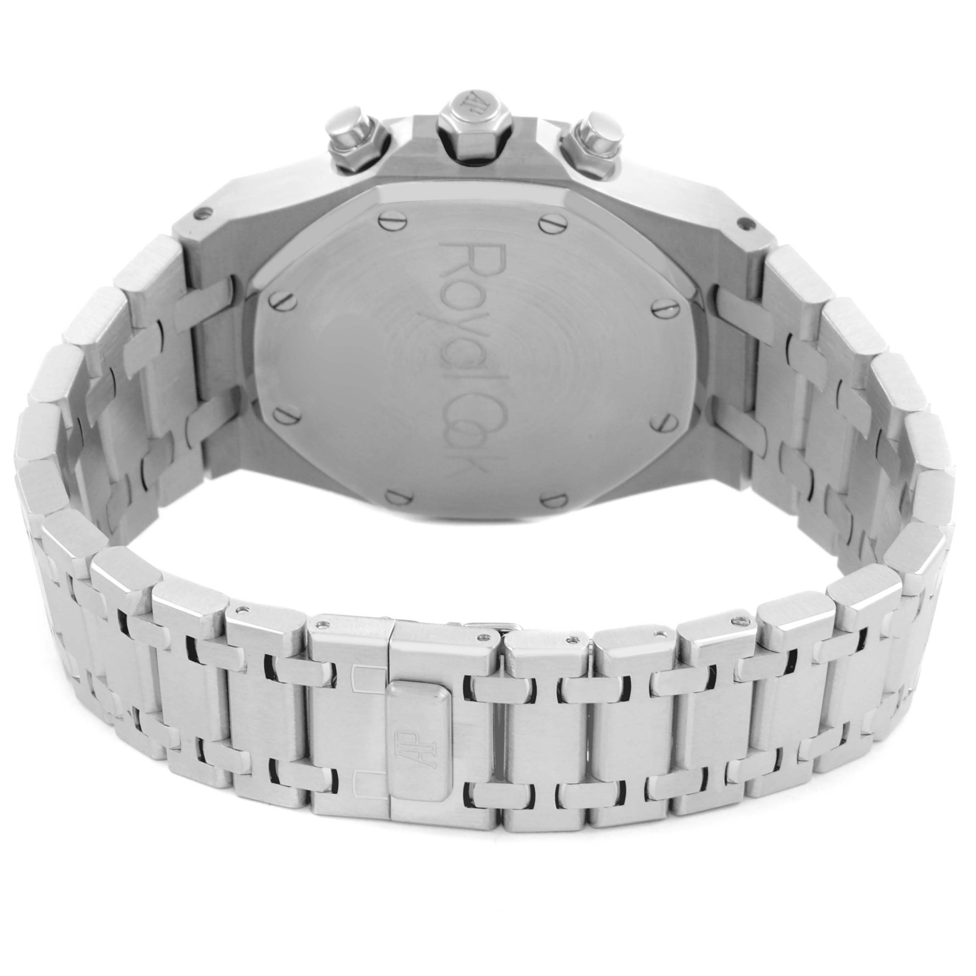 The image shows the back view of the Audemars Piguet Royal Oak 26300ST.OO.1110ST.07 Men's Stainless Steel Blue Dial watch, highlighting the case back and bracelet.