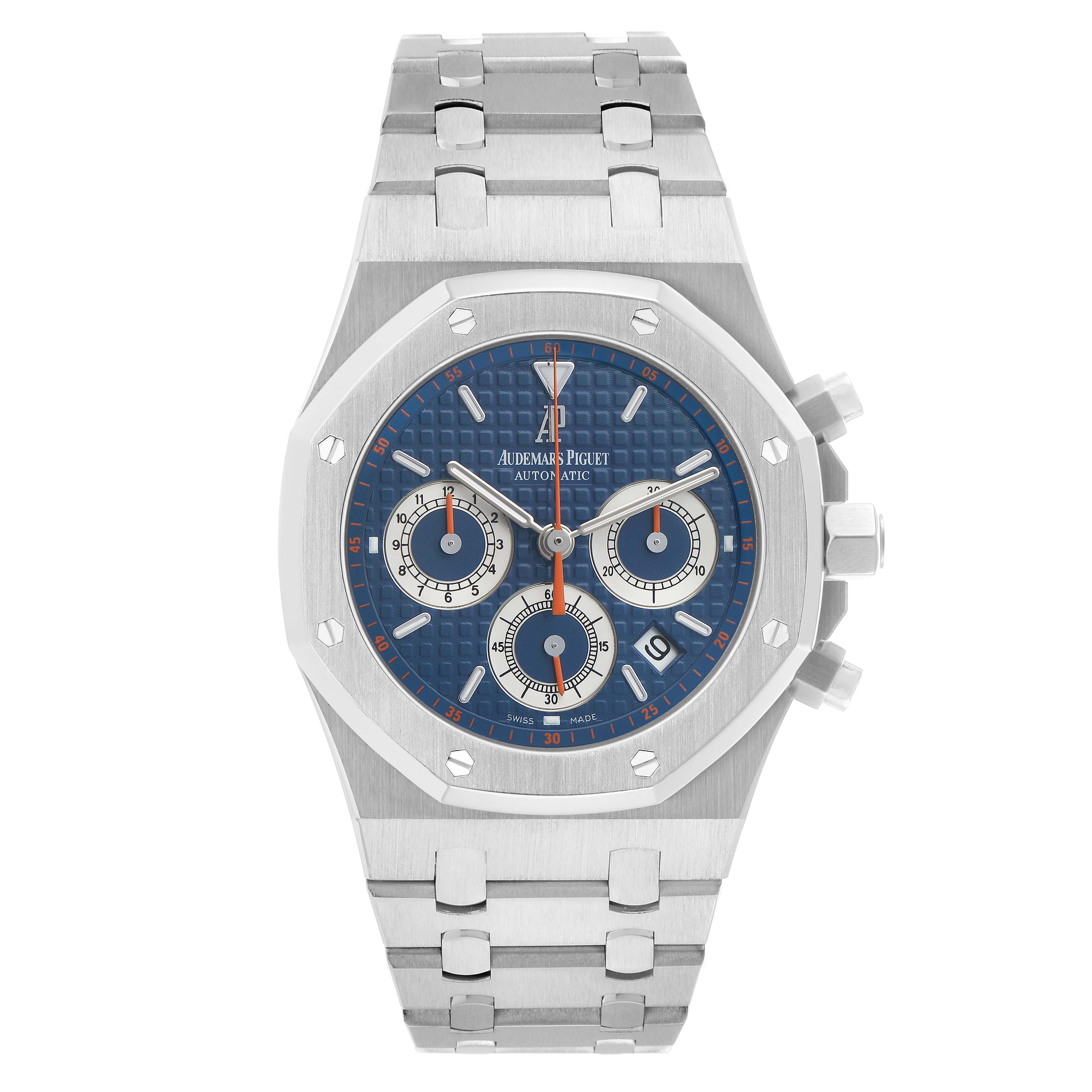 The Audemars Piguet Royal Oak 26300ST.OO.1110ST.07 Men's Stainless Steel Blue Dial watch is shown from a top-down angle, highlighting the face, bezel, and bracelet.