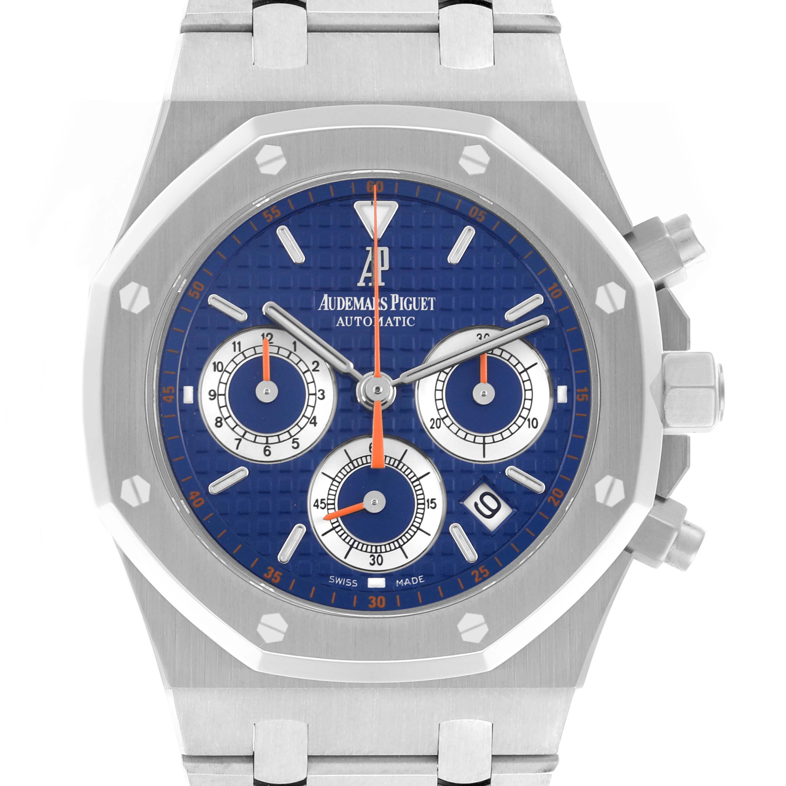 The Audemars Piguet Royal Oak 26300ST.OO.1110ST.07 Men's Stainless Steel Blue Dial 26300ST.OO.1110ST.07 Men's Stainless Steel Blue Dial is shown from the front, displaying its octagonal bezel, blue dial, chronograph dials, and pushers.