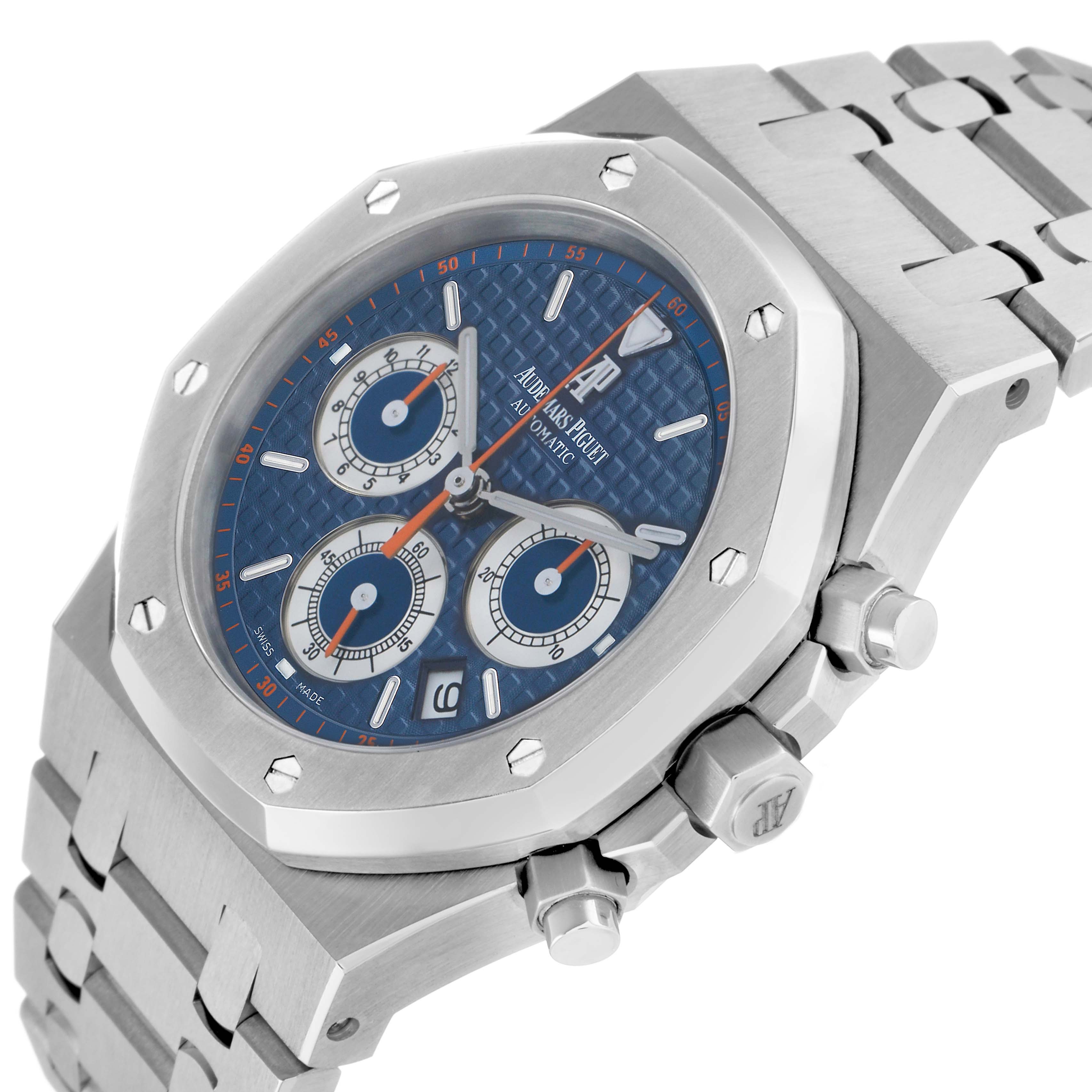 The Audemars Piguet Royal Oak 26300ST.OO.1110ST.07 Men's Stainless Steel Blue Dial watch is shown at an angled side view, highlighting the face, bezel, crown, and bracelet.