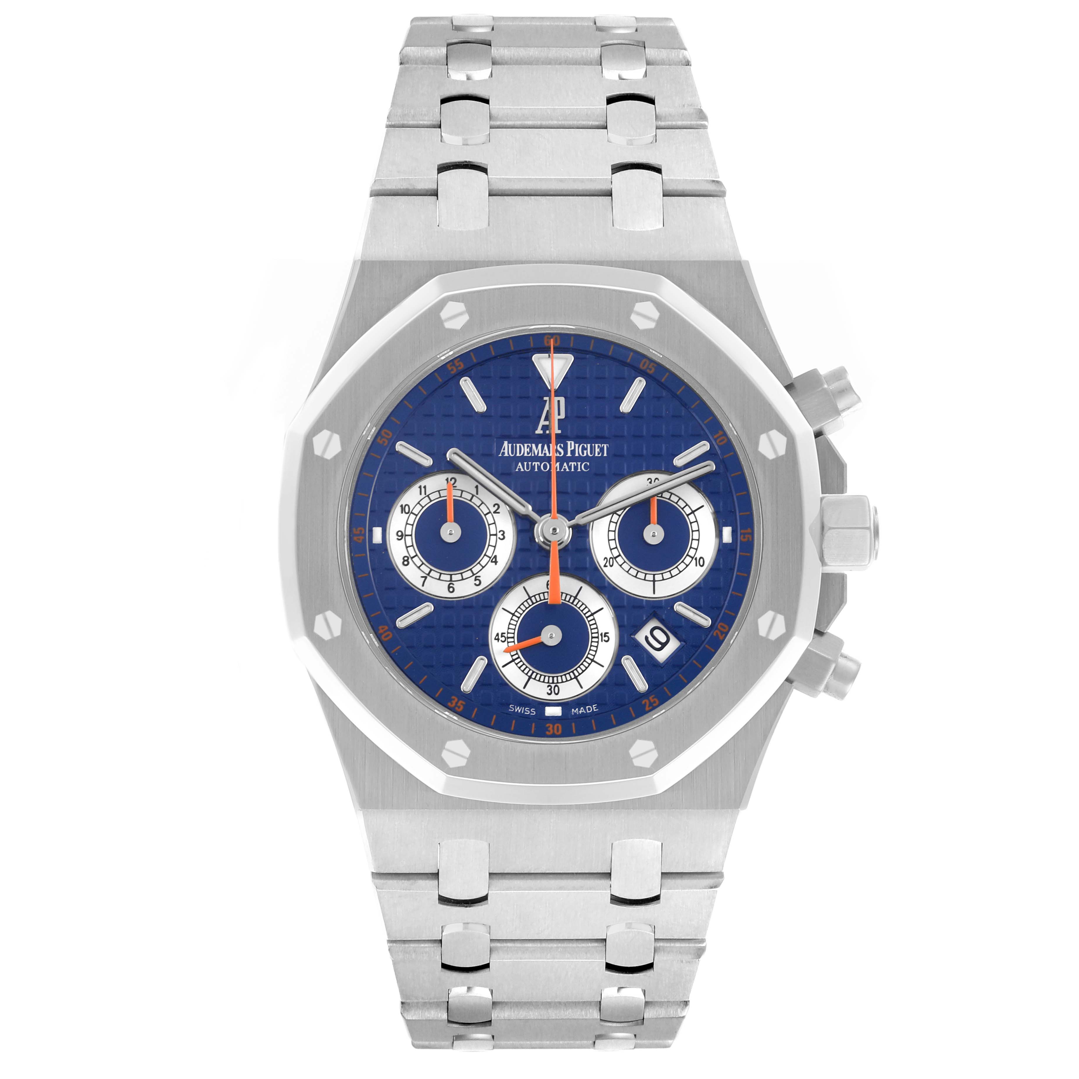 The Audemars Piguet Royal Oak 26300ST.OO.1110ST.07 Men's Stainless Steel Blue Dial 26300ST.OO.1110ST.07 Men's Stainless Steel Blue Dial watch is shown from the front, displaying the dial, bezel, and bracelet.