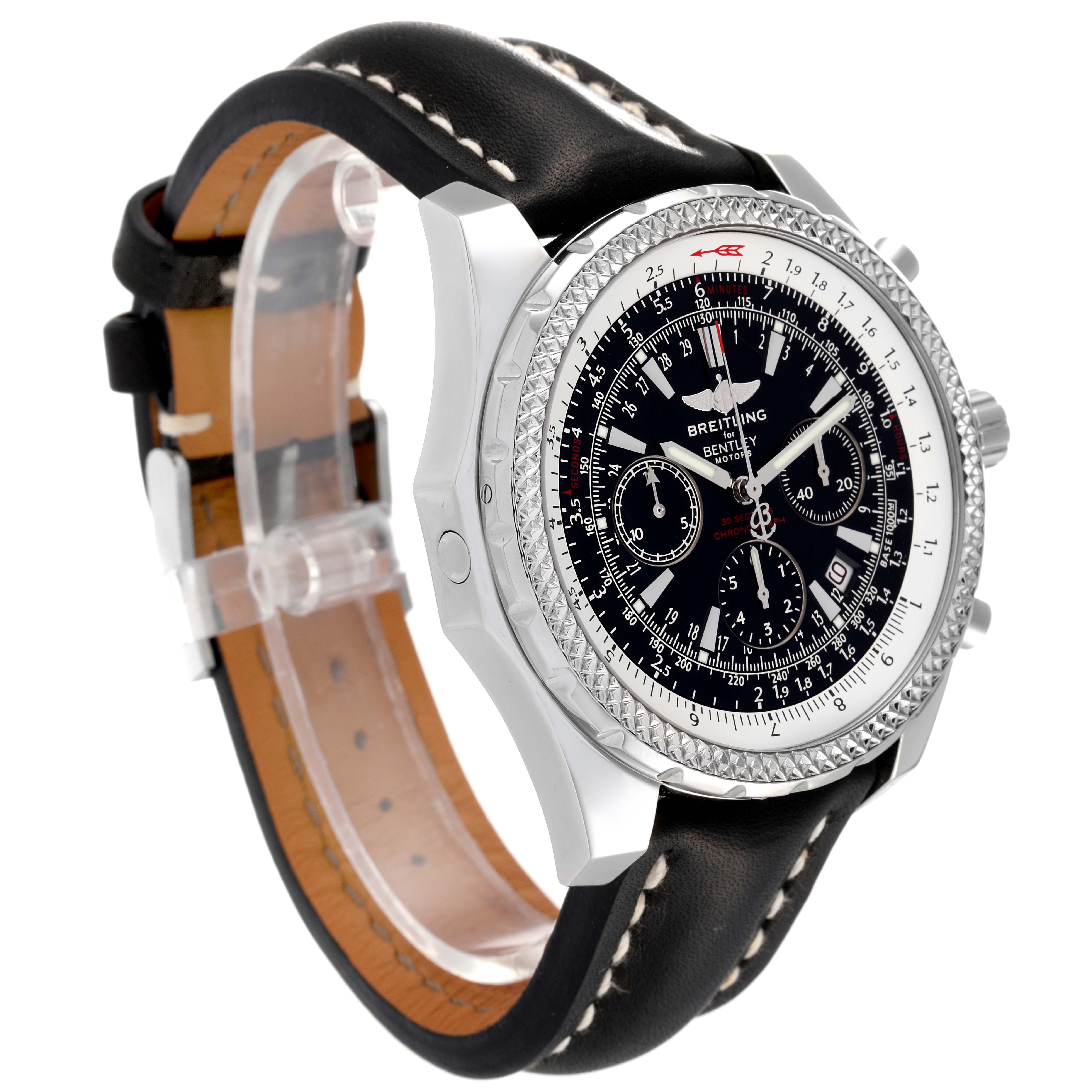 The image shows a side view of the Breitling Bentley A25362 Men's Stainless Steel Black Dial A25362 Men's Stainless Steel Black Dial watch, highlighting the black dial, bezel, and leather strap.
