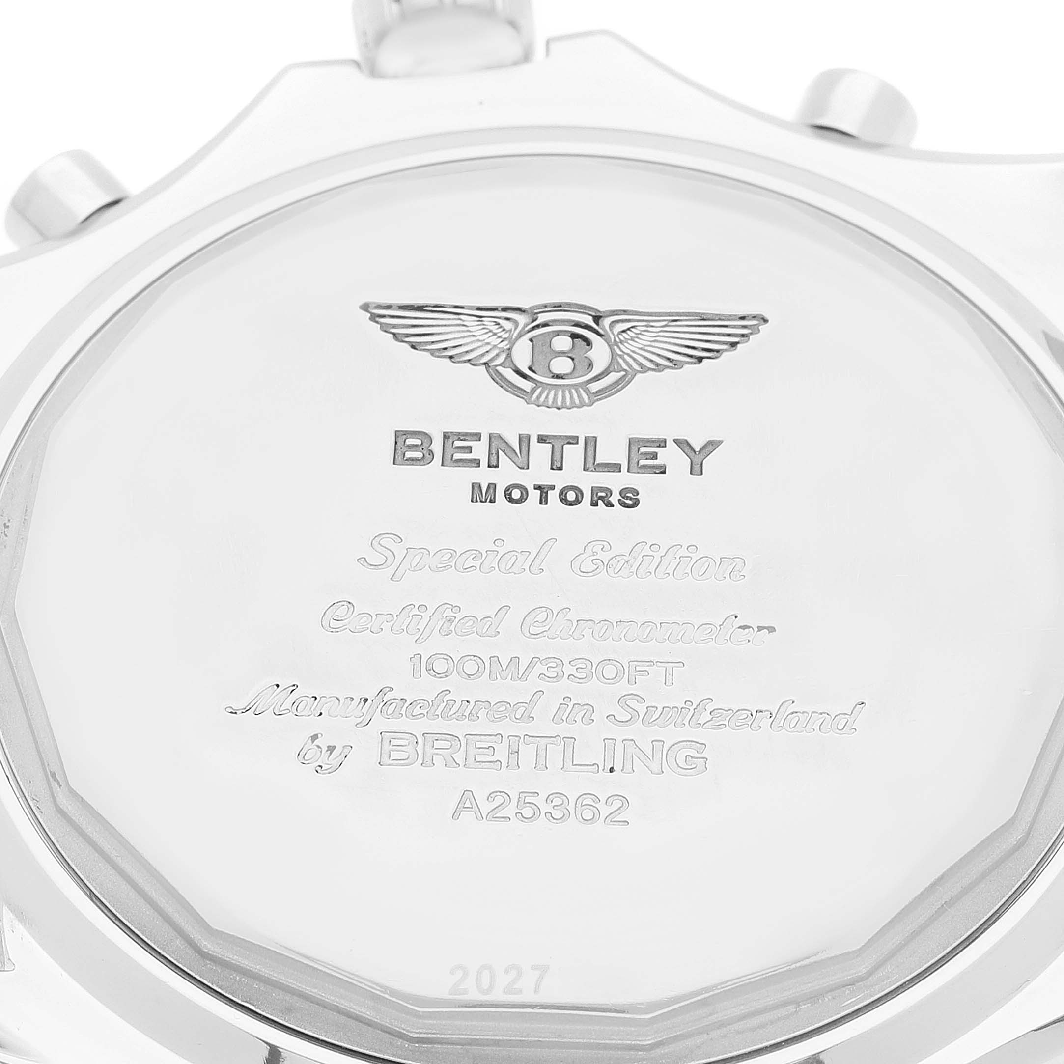 The image shows the case back of a Breitling Bentley A25362 Men's Stainless Steel Black Dial A25362 Men's Stainless Steel Black Dial model watch, highlighting its engravings and special edition details.