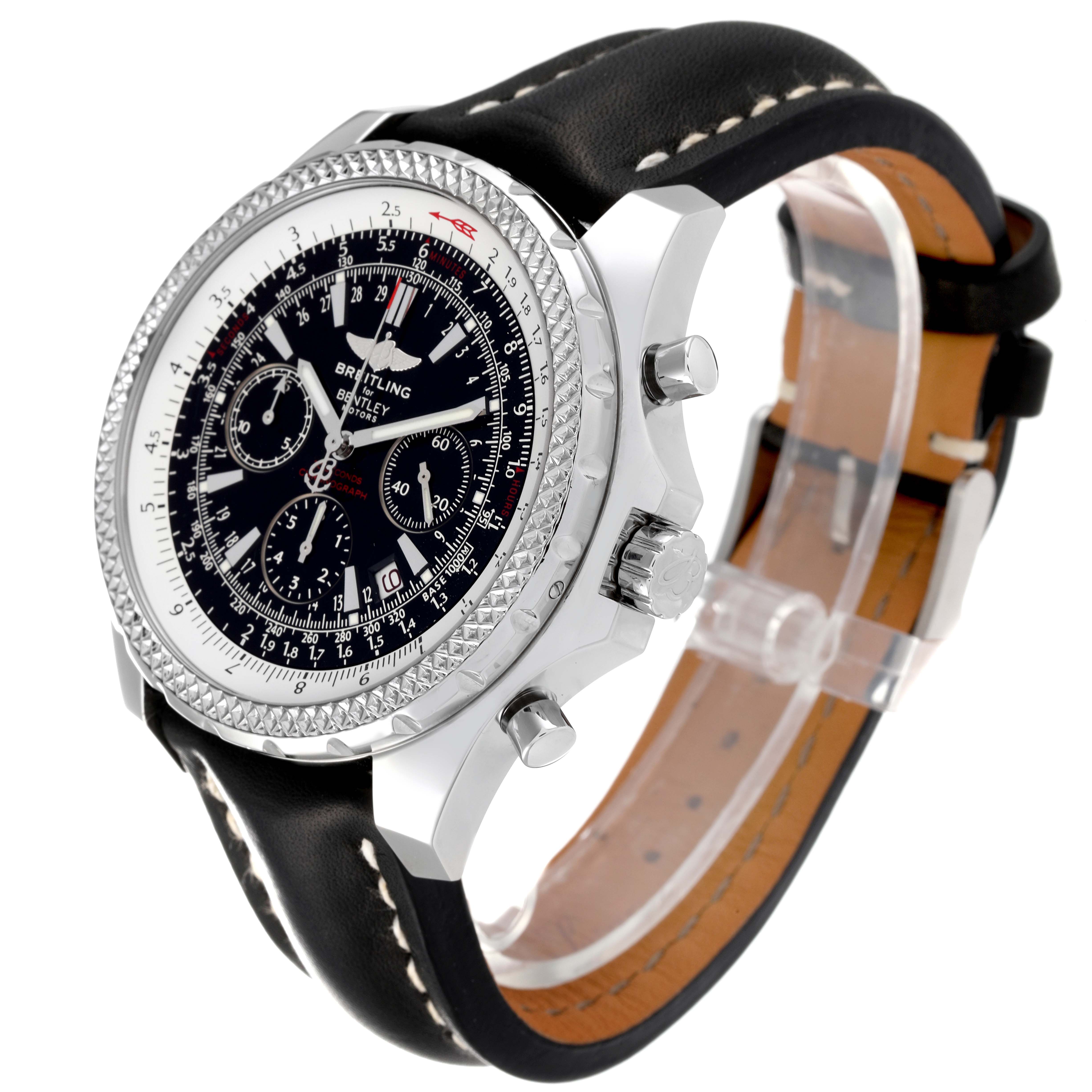 The image shows a Breitling Bentley A25362 Men's Stainless Steel Black Dial A25362 Men's Stainless Steel Black Dial watch at a three-quarter front angle, highlighting the face, bezel, crown, and leather strap.