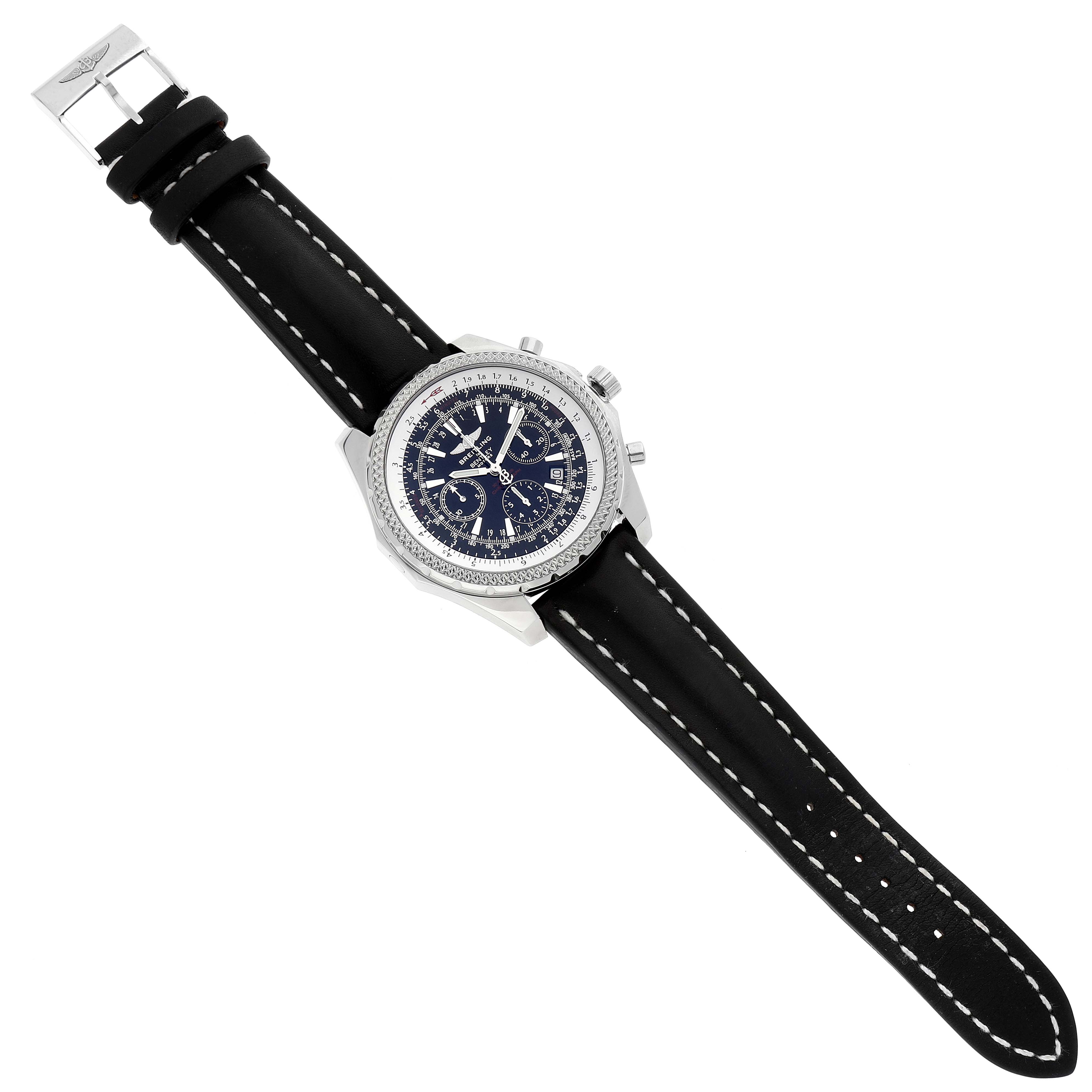 This image shows a top-down view of a Breitling Bentley A25362 Men's Stainless Steel Black Dial A25362 Men's Stainless Steel Black Dial watch with a black leather strap and a detailed dial.