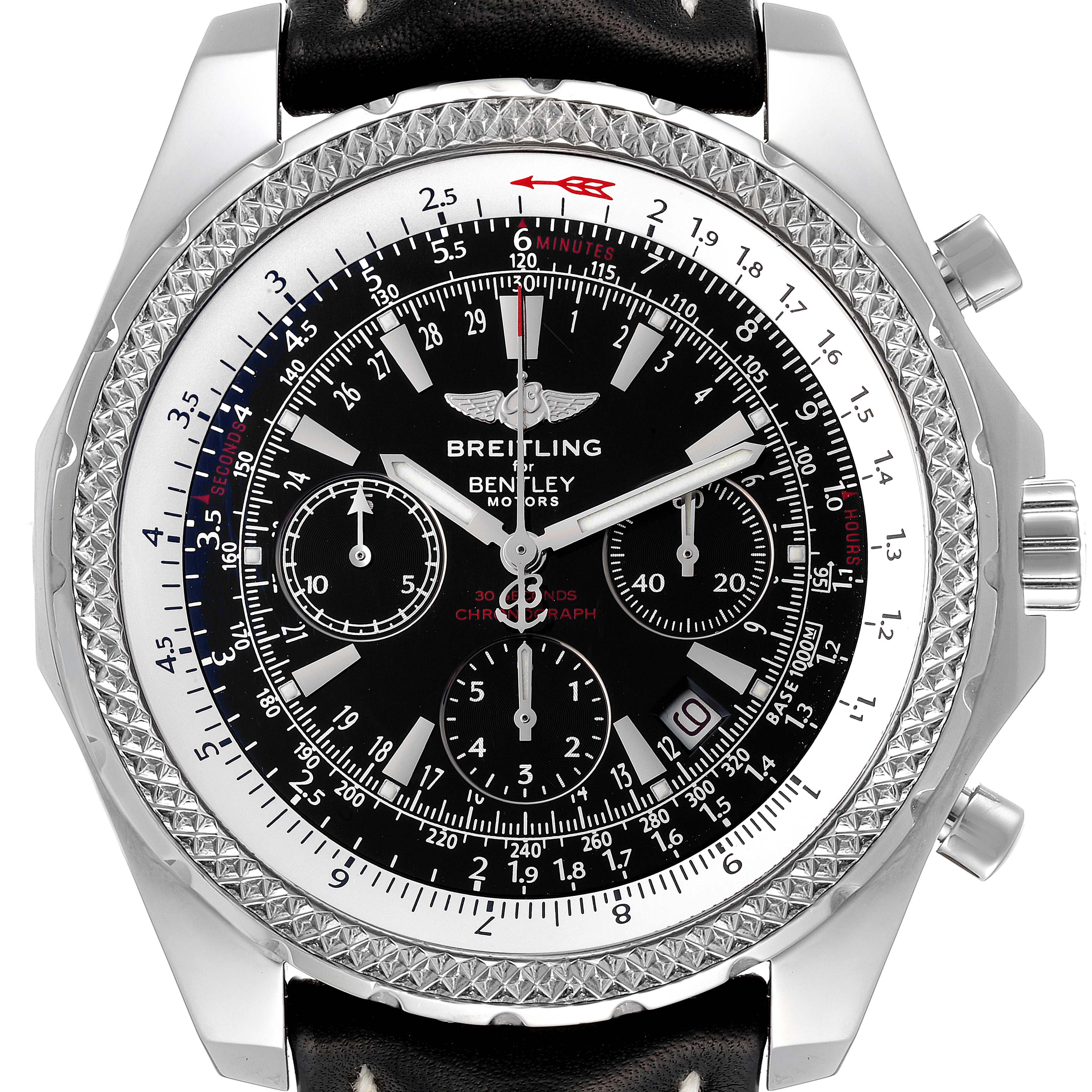 The image shows a Breitling Bentley A25362 Men's Stainless Steel Black Dial A25362 Men's Stainless Steel Black Dial watch from a frontal angle, highlighting its dial, bezel, buttons, and leather strap.