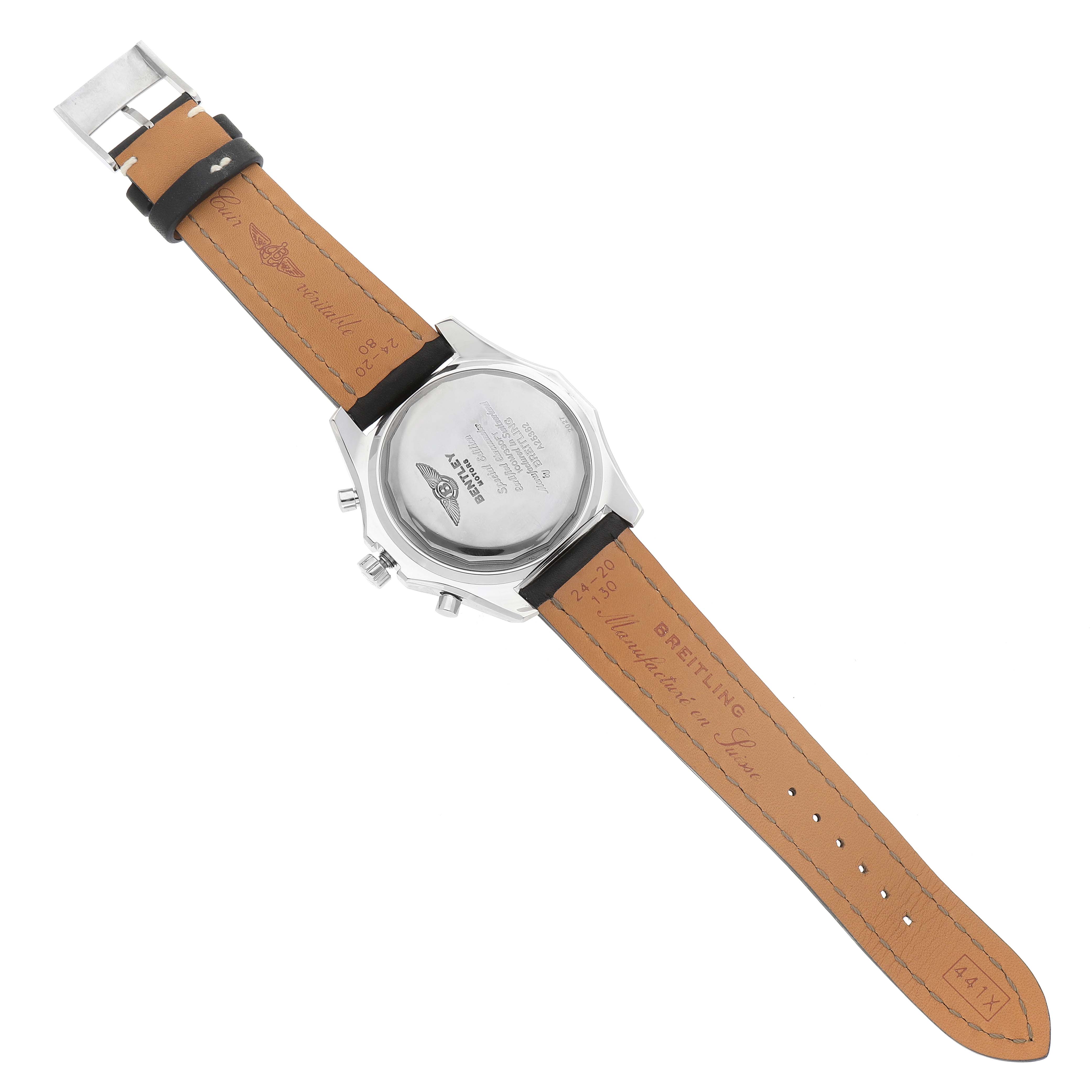 The image shows the back view of the Breitling Bentley A25362 Men's Stainless Steel Black Dial A25362 Men's Stainless Steel Black Dial model watch, highlighting the case back and leather strap.