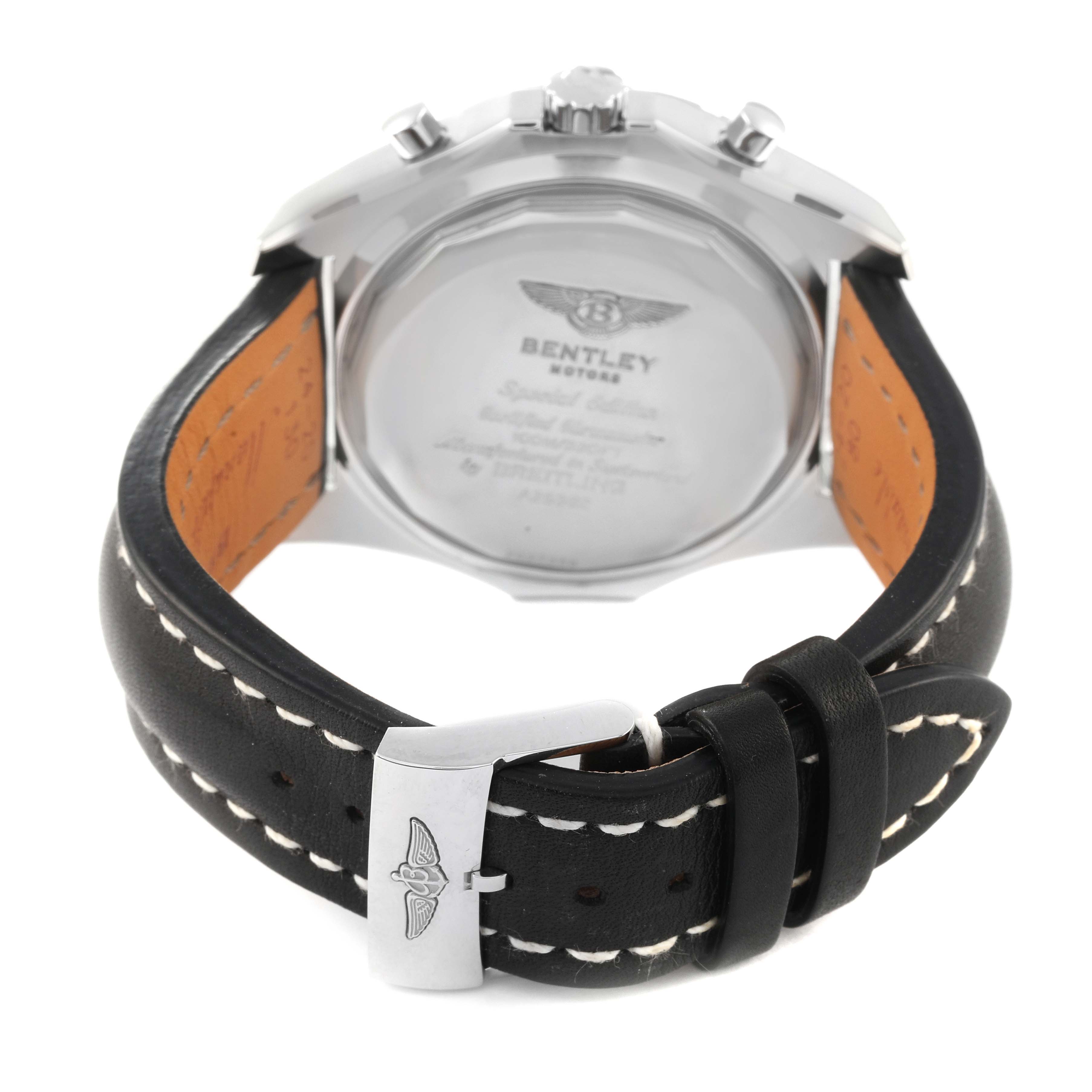 The image shows the back view of a Bentley model by Breitling, focusing on the case back, clasp, and leather strap.