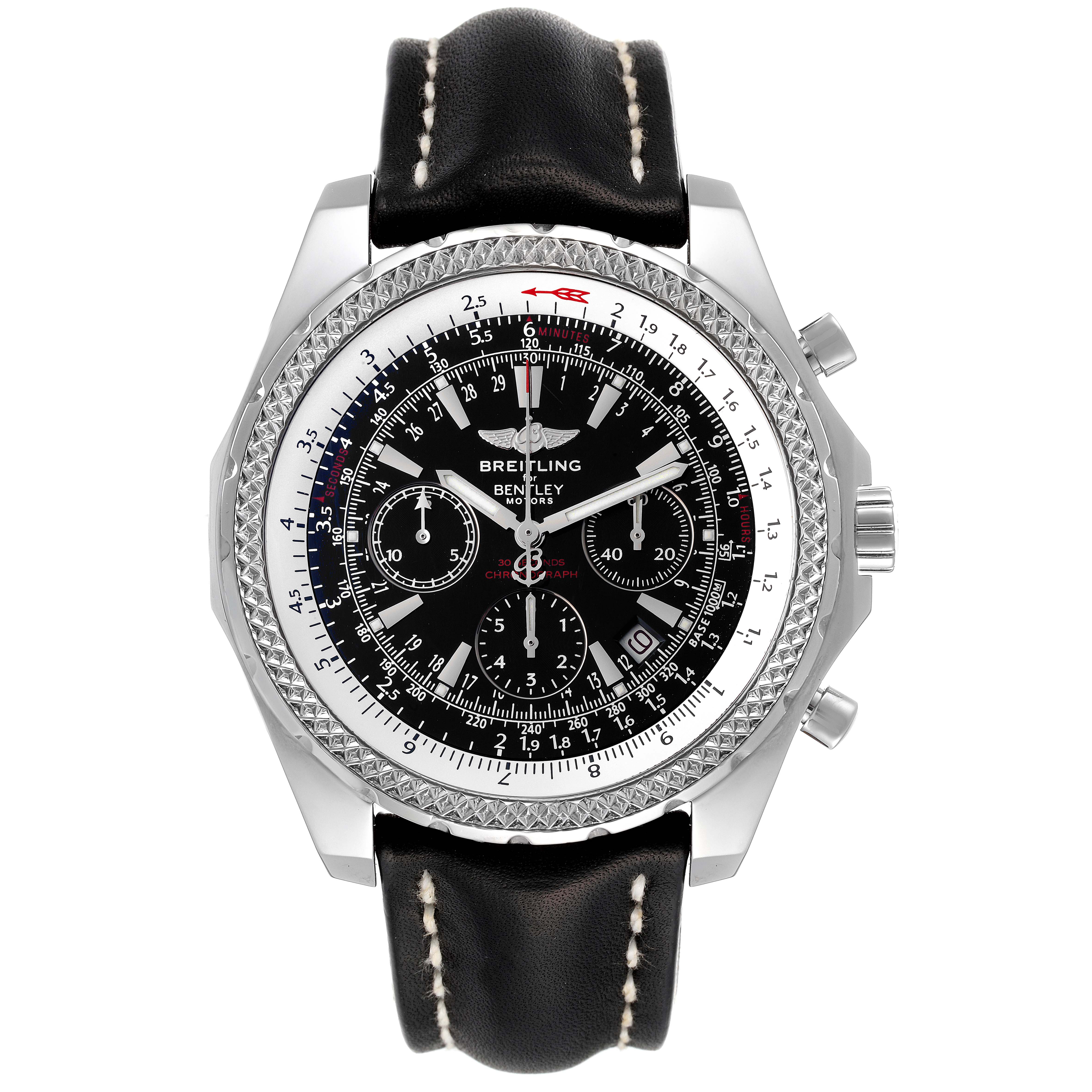 The image shows a Breitling Bentley A25362 Men's Stainless Steel Black Dial A25362 Men's Stainless Steel Black Dial model watch from a top-down angle featuring its black dial, chronograph sub-dials, and leather strap.