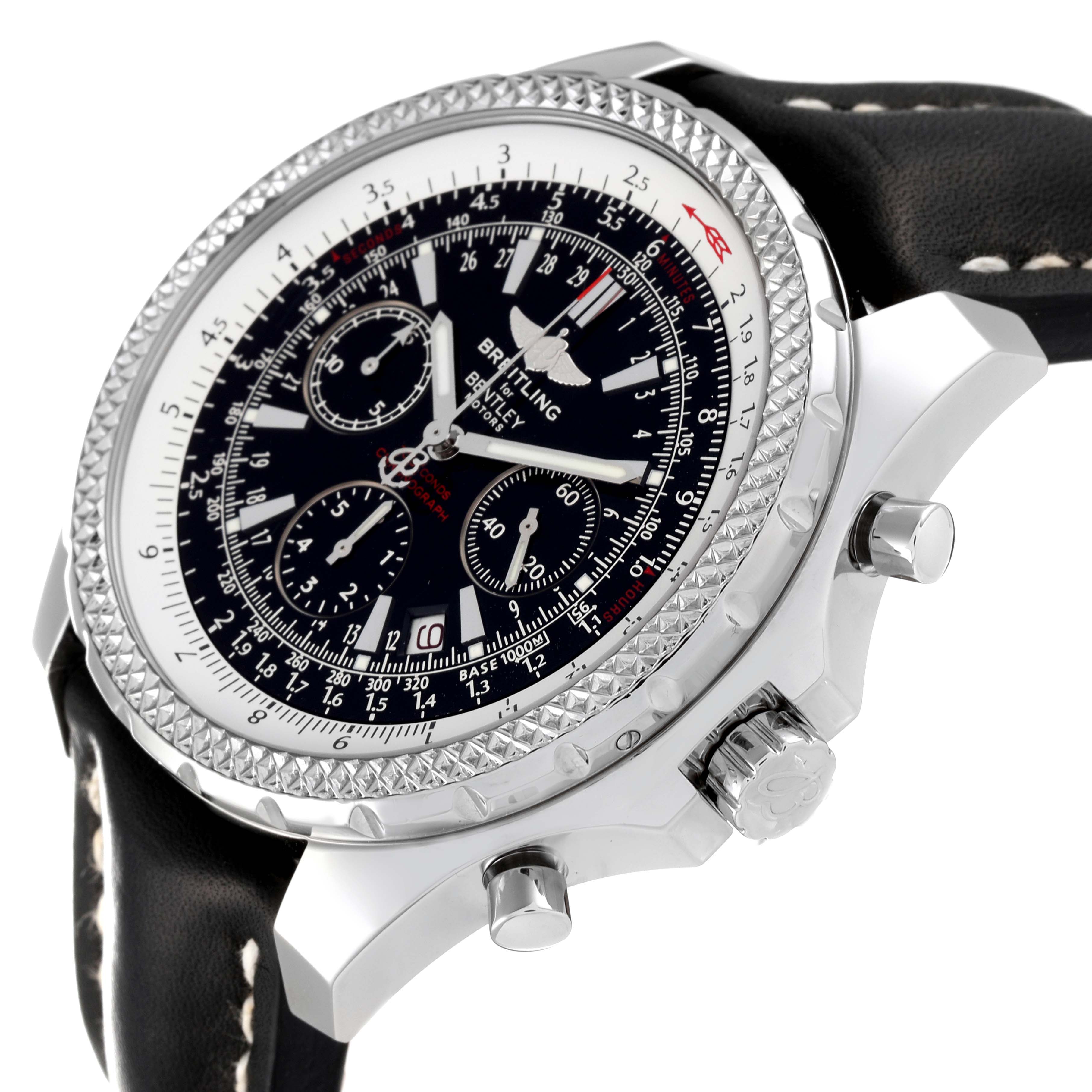 The Breitling Bentley A25362 Men's Stainless Steel Black Dial A25362 Men's Stainless Steel Black Dial watch is shown at an angle highlighting the bezel, dial, pushers, and part of the strap.