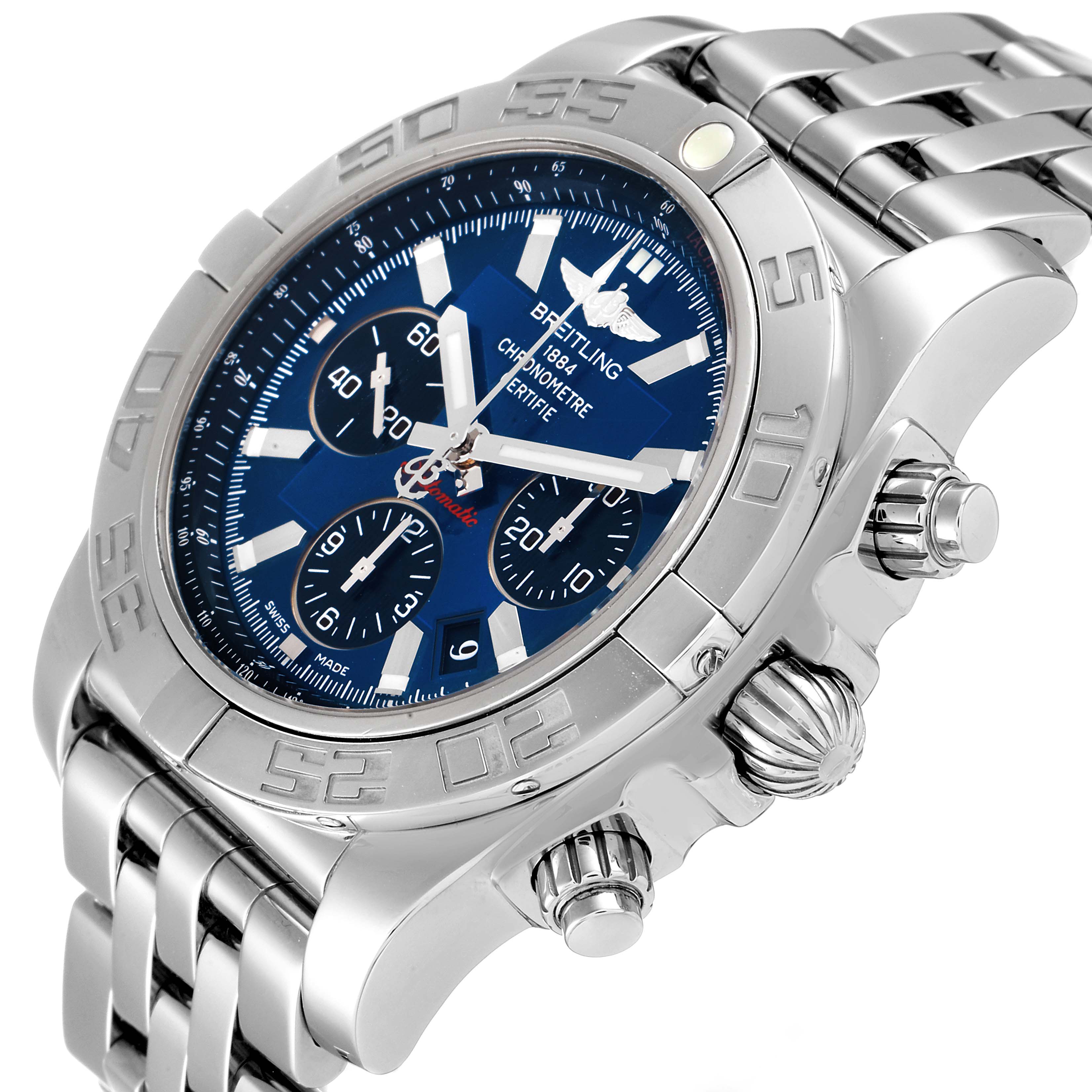 The image shows a Breitling Chronomat AB0110 Men
s Stainless Steel Blue Dial AB0110 Men
s Stainless Steel Blue Dial watch from a three-quarter view, highlighting its bezel, crown, and bracelet.