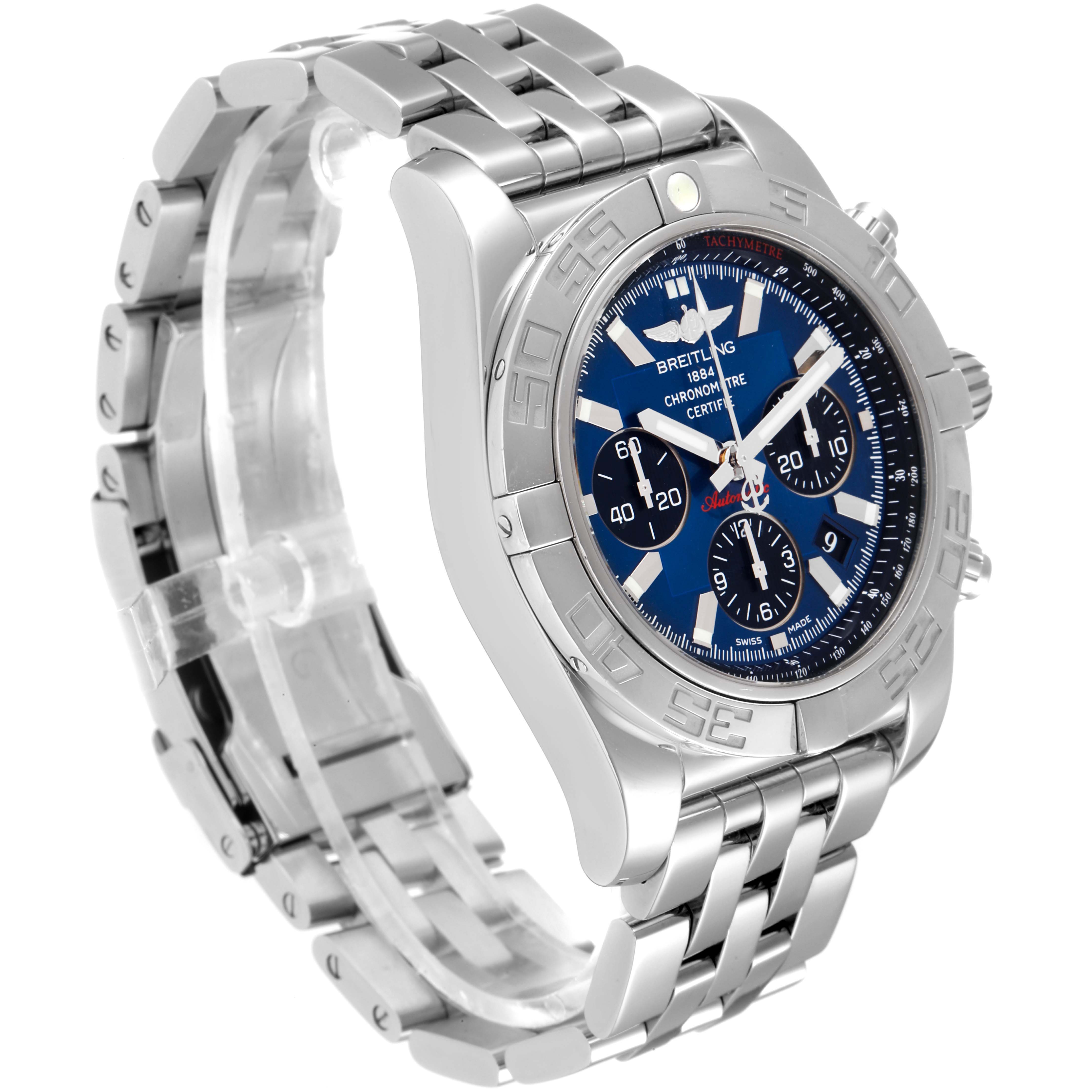 The image shows a Breitling Chronomat AB0110 Men
s Stainless Steel Blue Dial AB0110 Men
s Stainless Steel Blue Dial watch in an angled side view, highlighting its stainless steel bracelet and blue dial.