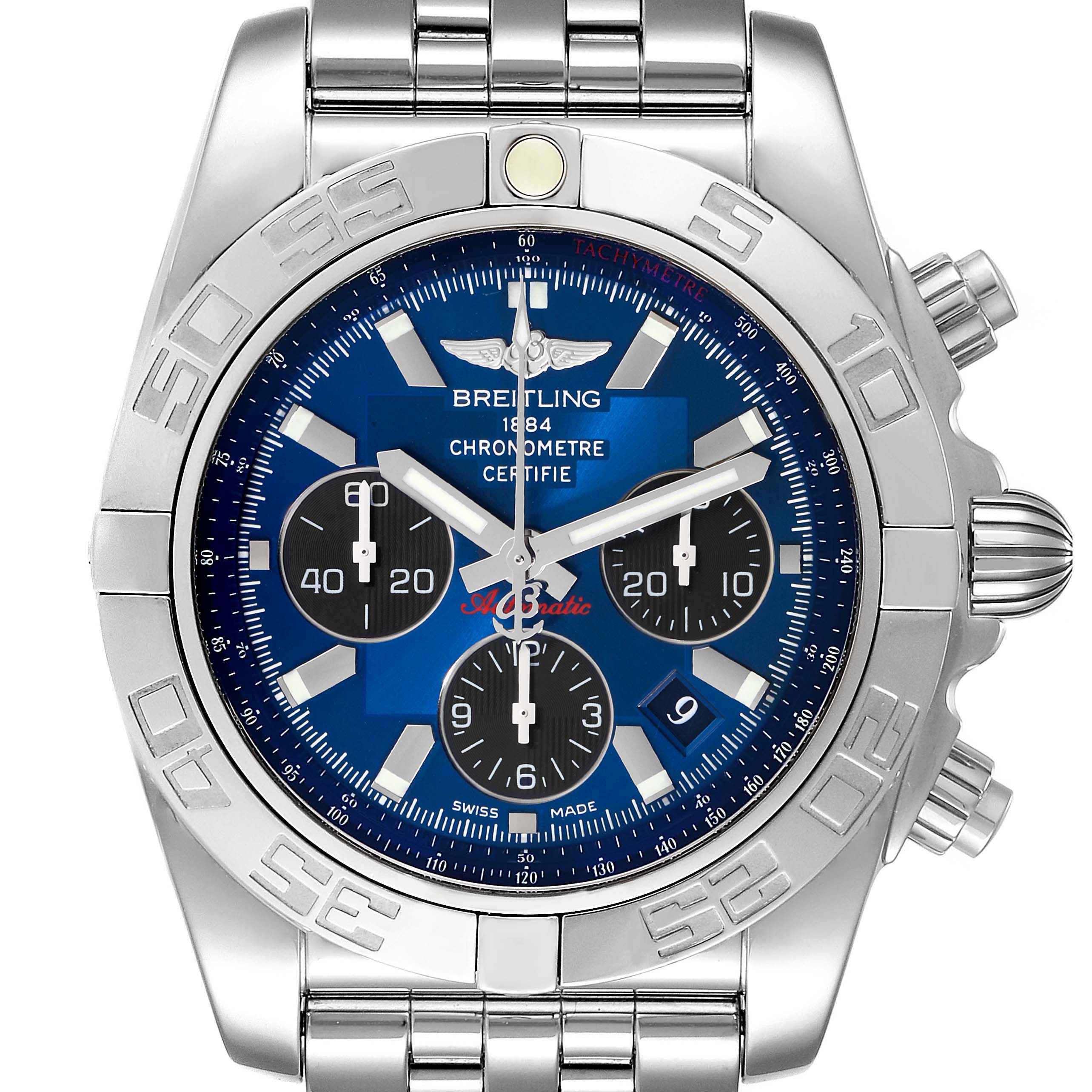 The image shows a frontal view of the Breitling Chronomat AB0110 Men
s Stainless Steel Blue Dial AB0110 Men
s Stainless Steel Blue Dial watch, highlighting its dial, bezel, and chronograph subdials.