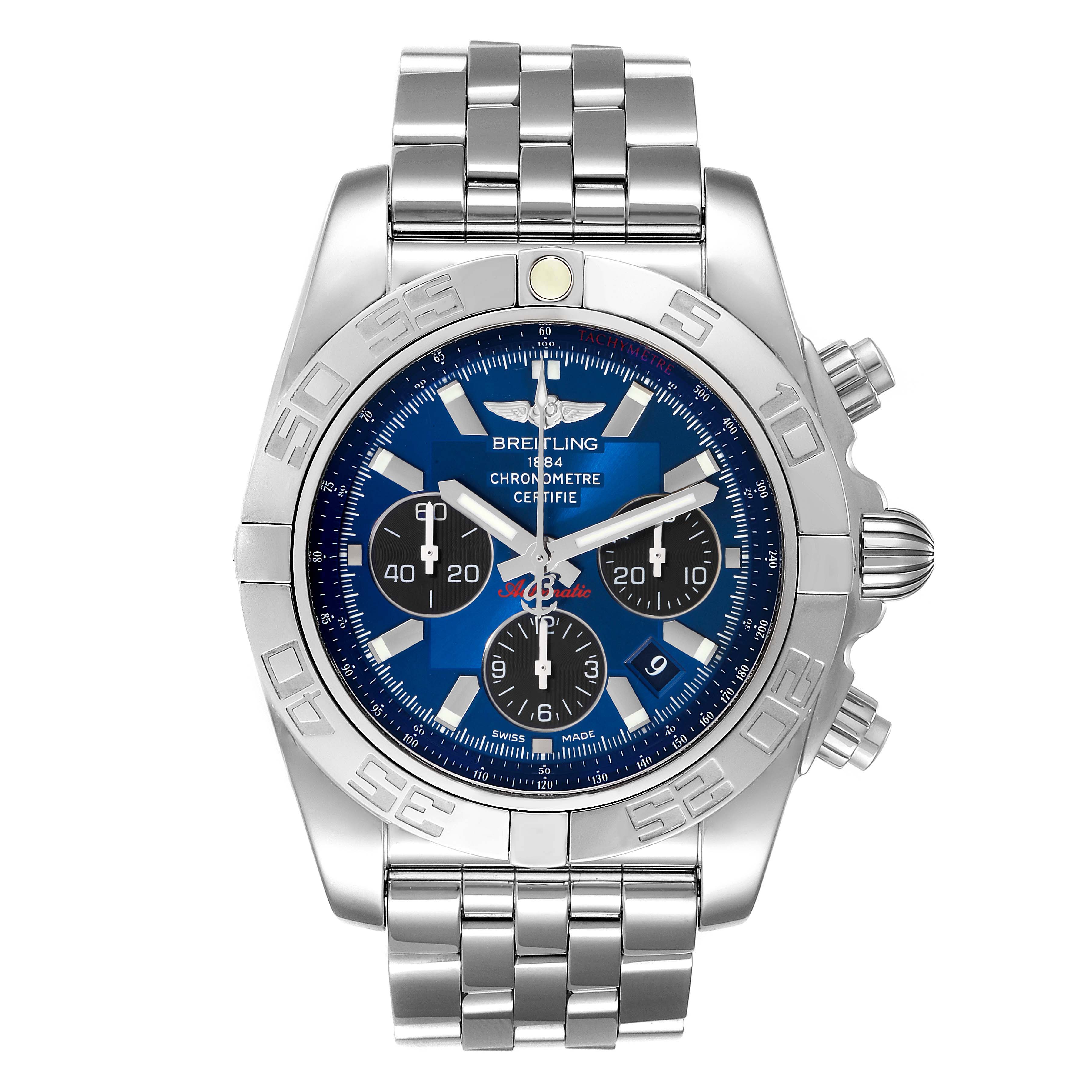 This image shows a front view of the Breitling Chronomat AB0110 Men
s Stainless Steel Blue Dial AB0110 Men
s Stainless Steel Blue Dial watch, displaying its dial, bezel, and bracelet.