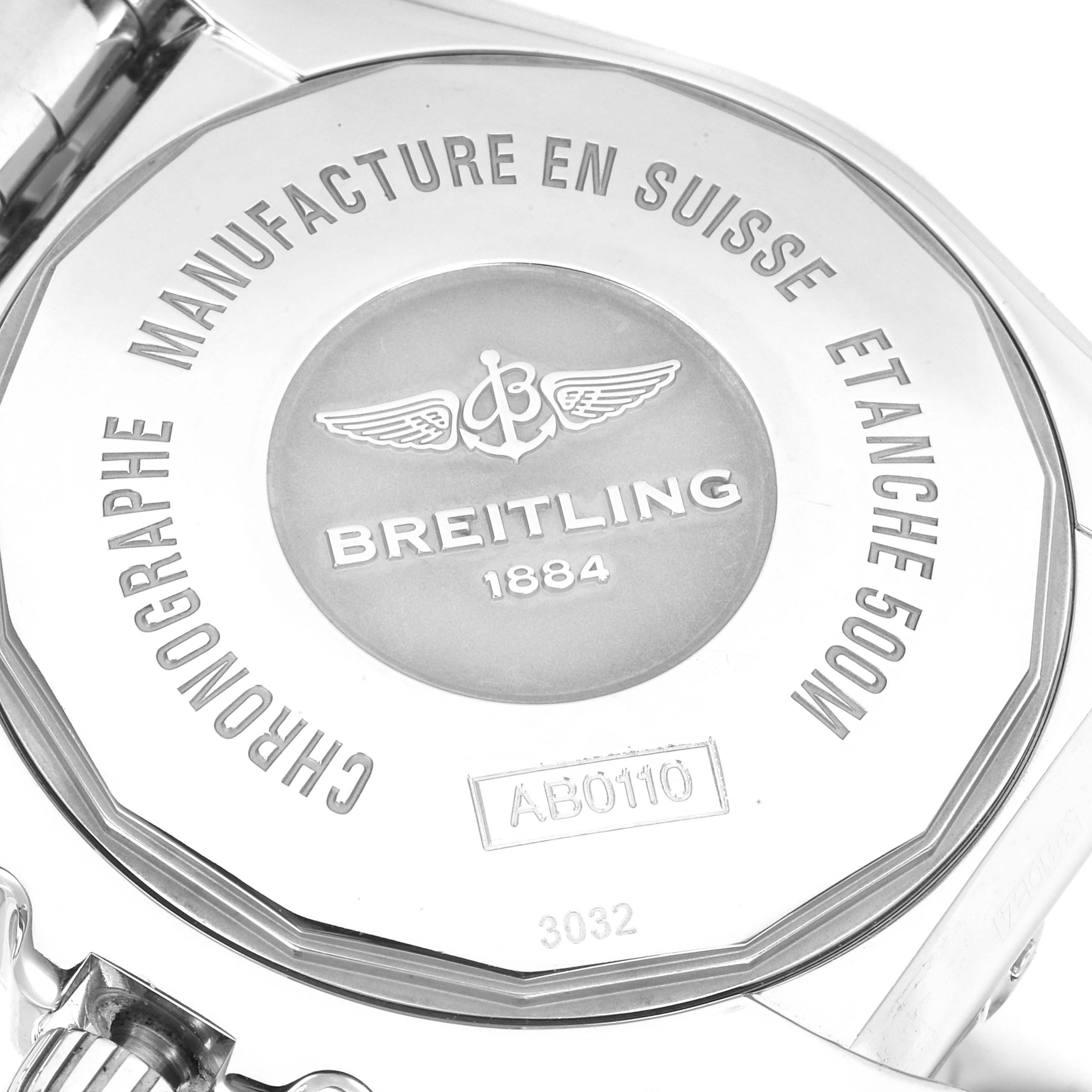 The image shows the back case of a Breitling Chronomat AB0110 Men
s Stainless Steel Blue Dial AB0110 Men
s Stainless Steel Blue Dial watch.