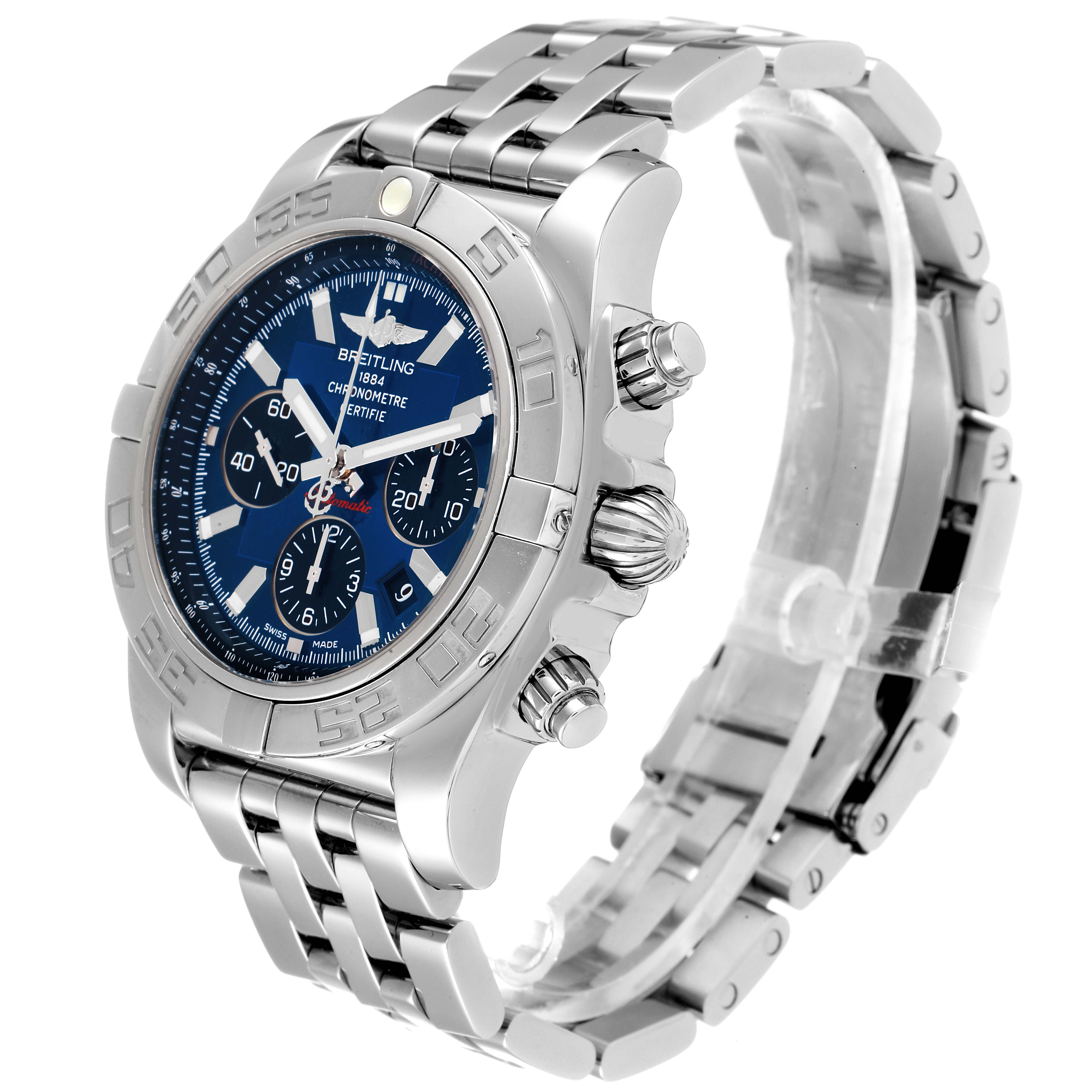 The image shows a Breitling Chronomat AB0110 Men
s Stainless Steel Blue Dial AB0110 Men
s Stainless Steel Blue Dial watch at a three-quarter angle, highlighting the blue dial, chronograph subdials, and bracelet.