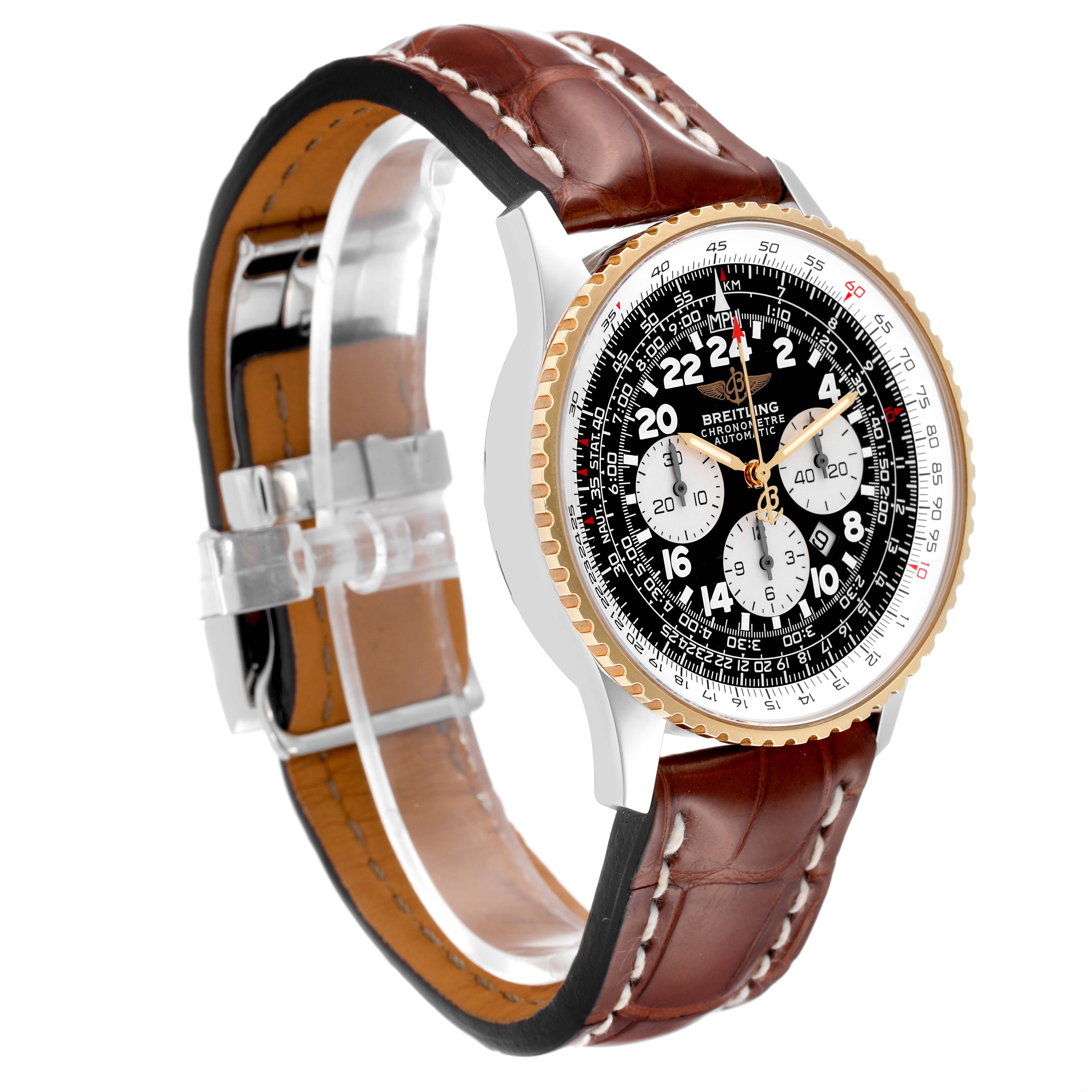 The image shows a Breitling Navitimer D22322 Men
s Stainless Steel Black Dial D22322 Men
s Stainless Steel Black Dial watch from a side angle, highlighting its face, brown leather strap, and clasp.