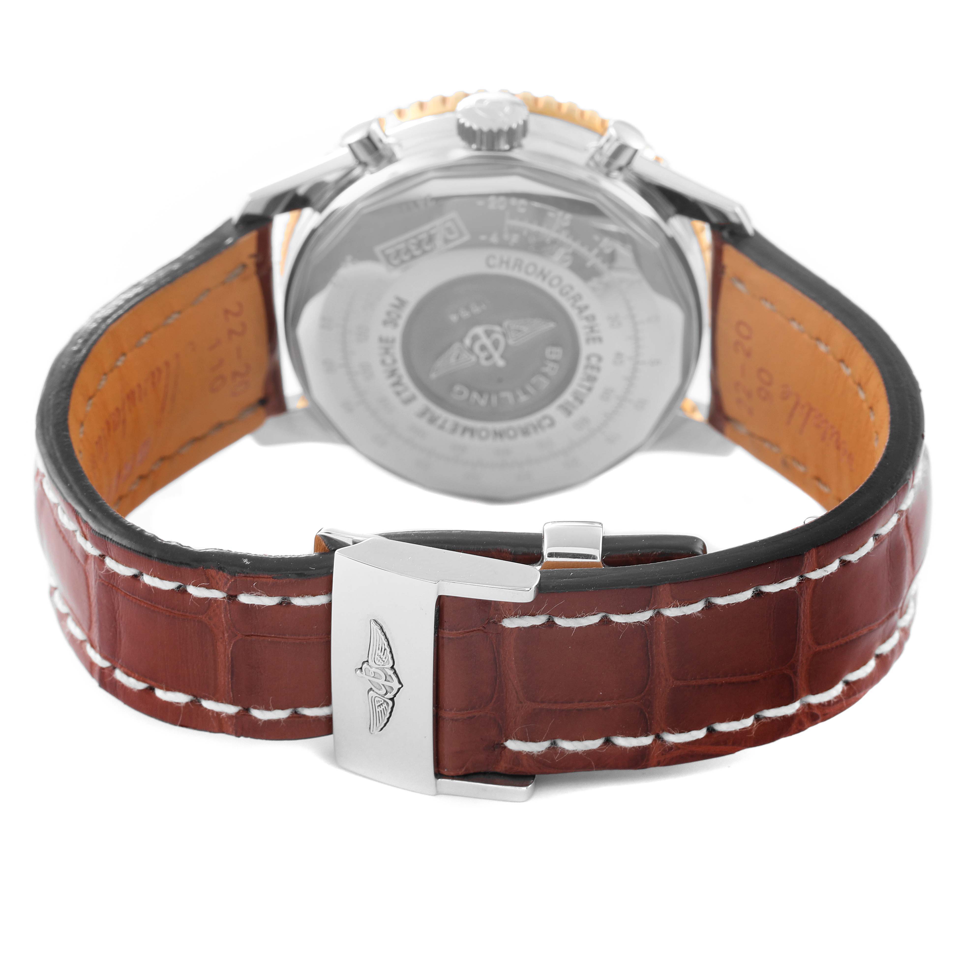 The image shows the back and leather strap with clasp of a Breitling Navitimer D22322 Men
s Stainless Steel Black Dial D22322 Men
s Stainless Steel Black Dial watch.